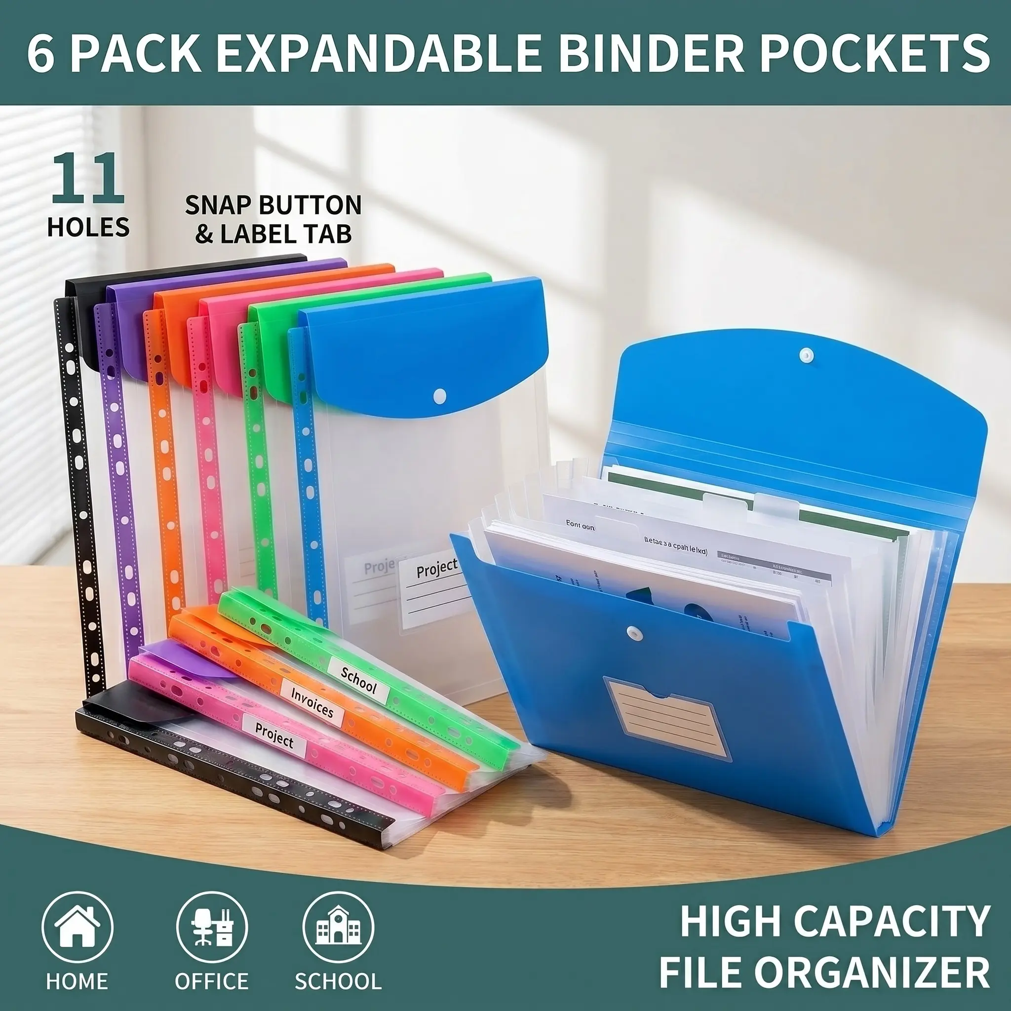 6 Pack Expandable Binder Pockets, 11 Holes Transparent Plastic Envelopes with Snap Button & Label Tab, Fits 2/3/4 Ring Binder, A4 Letter Size High Capacity File Organizer Folders, File Storage Folder for School Home Office, Clear Folders