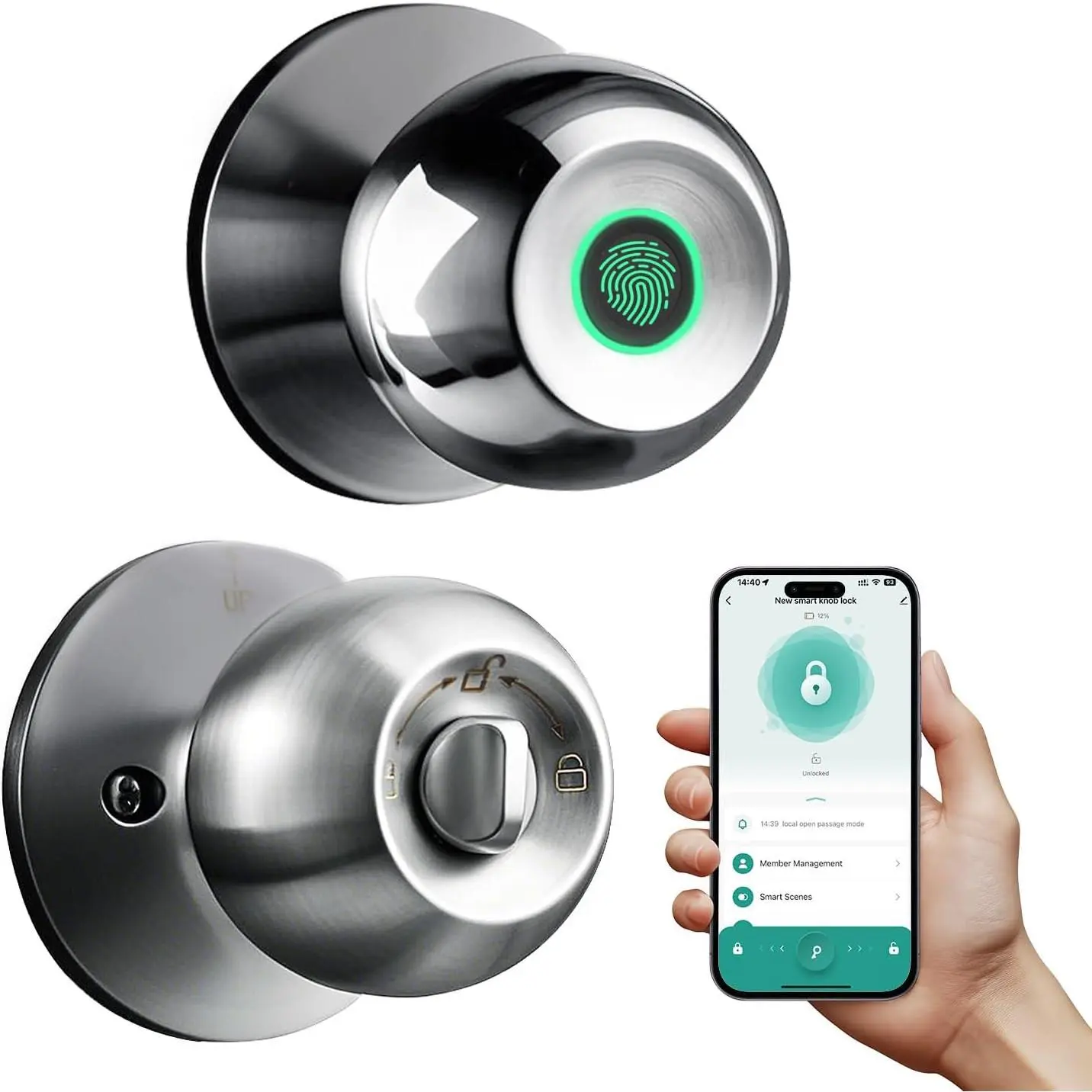 Fingerprint Door Lock with App Control & Key, Double-Tap Auto-Lock, Biometric Door Knob for Bedroom, Apartment, Office, Hotel, Garage -