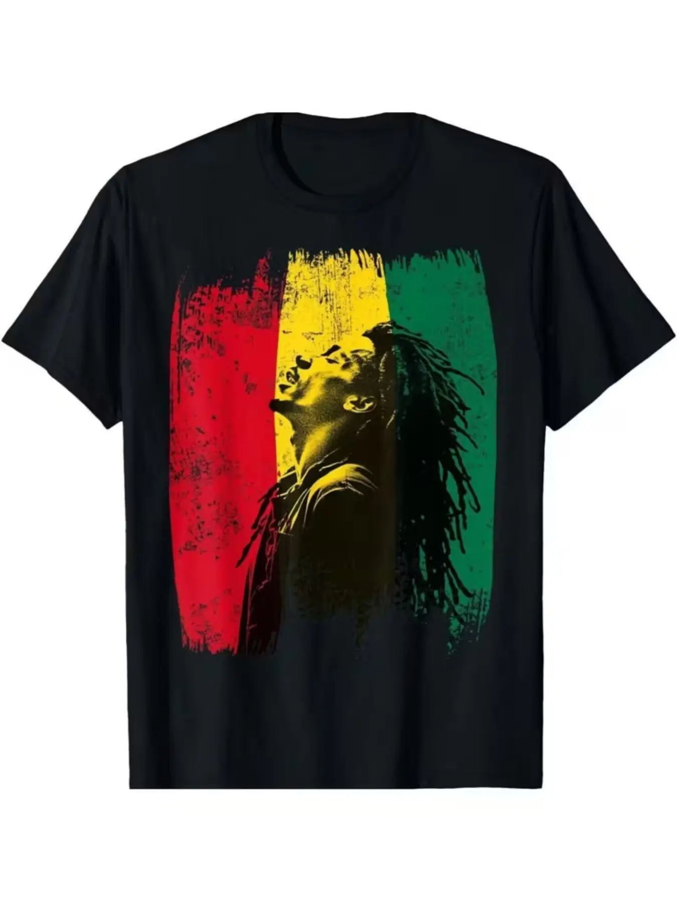 Vintage Rastafarian Rock Tee, Round Neck T-Shirt with Vertical Brush Texture, Music Festival & Reggae Event Top