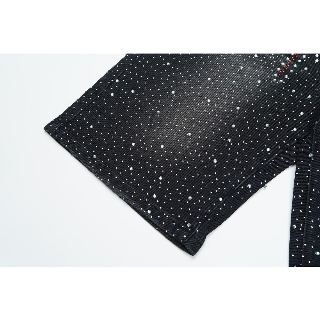 Full Rhinestone Shining Vintage Washed Baggy Denim Shorts Harajuku Y2K Streetwear Letter Embroidery Bling Diamond Loose Knee Length Hip Hop Casual Trendy Sparkly Distressed Jeans Shorts For Men Unisex