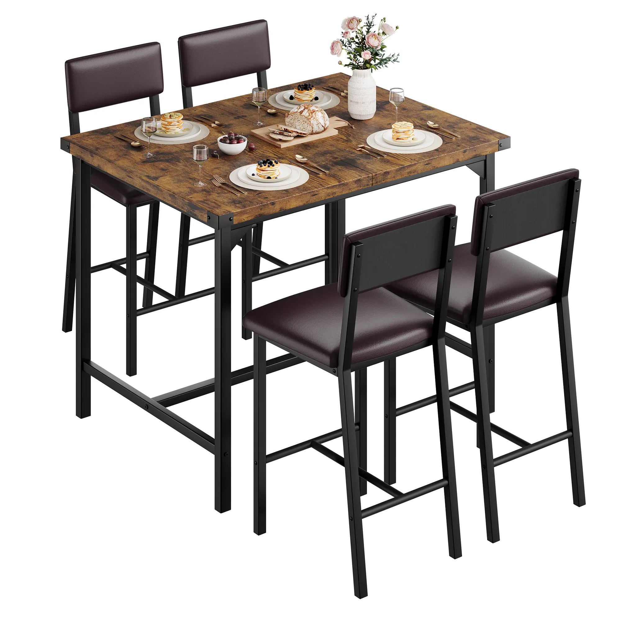 5-Piece Counter Height Dining Table Set for 4 – Backrest & Corner Protector, 4 Upholstered Bar Stools, Space-Saving for Apartment or Small Spaces, Classic Style