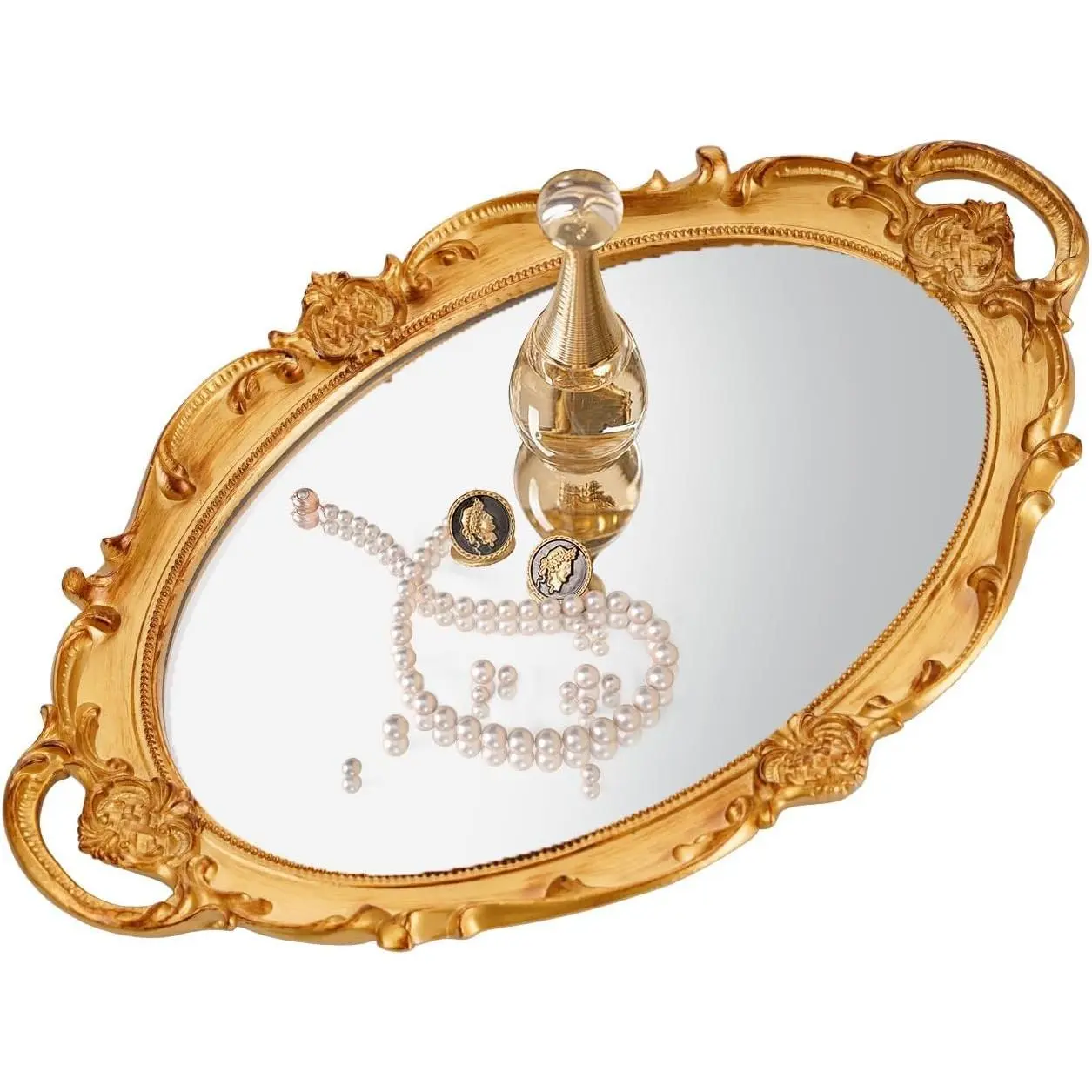 Gold Mirror Tray Vintage Vanity Tray for Dresser Perfume Storage Decorative Mirrored Glass Tray Coquette Room Decor, Bedroom, Bathroom Oval Antique Serving Makeup Organizer