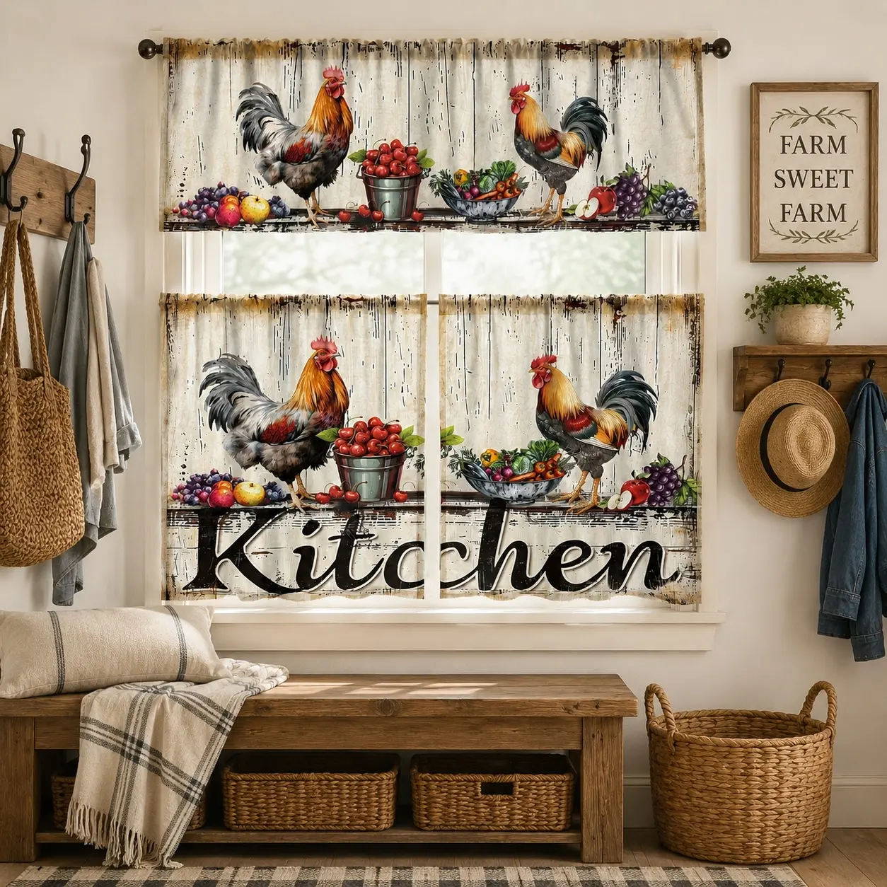 Vintage Rooster Window Curtains - 2-3 Piece Fade-Resistant Durable Dustproof Soft Polyester Drapes, Rustic Wood Fruit & Animal Print Rod Pocket Machine-Washable Kitchen Accessories