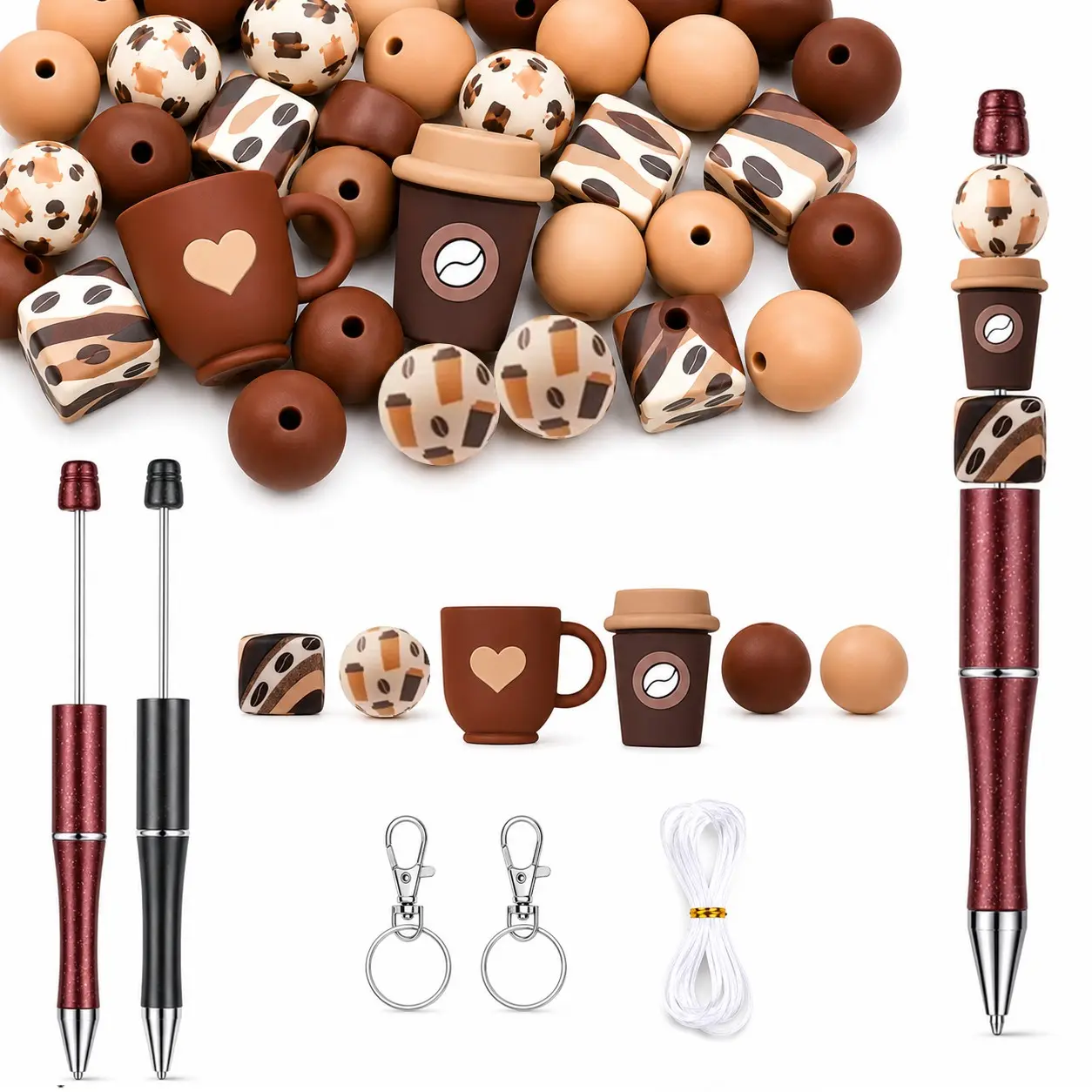 33pcs Coffee Theme DIY Craft Set, 28pcs Silicone Beads with 2 Beadable Pen Blanks, 2 Clasps and 1 Cord for Bag Charms, Phone Charms, Desk Decorations and DIY Crafts