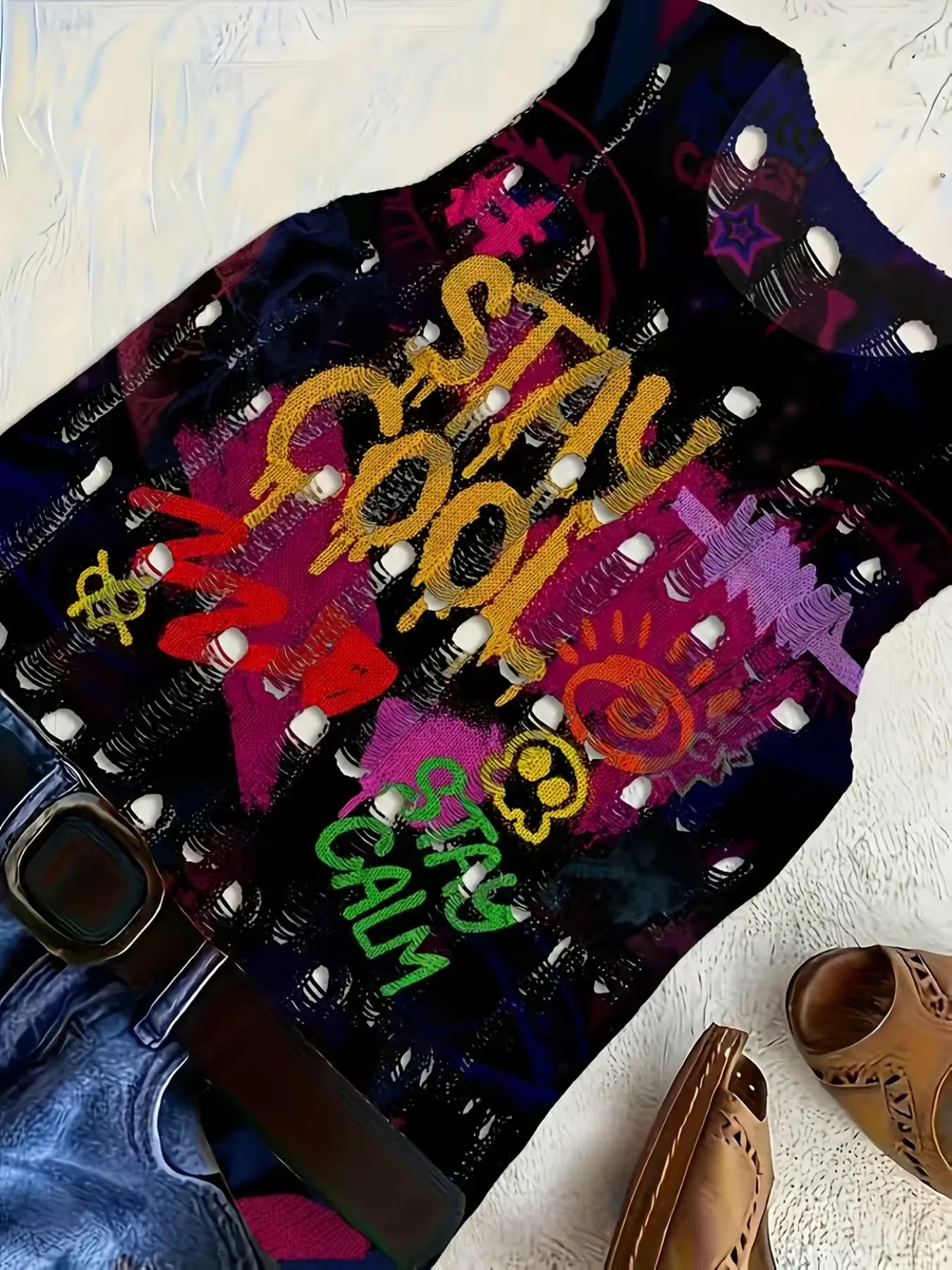 Women's Trendy Graffiti Text Pattern Knit Vest Top, Soft Comfortable New Arrival, All over Print Fitted Sweater, Casual Fashion, Graphic Fitted Vest
