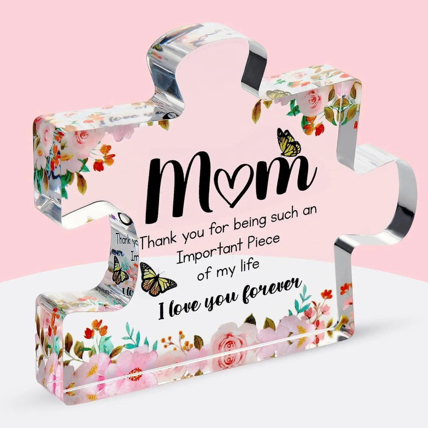 Cute Premium Thick Acrylic Puzzle Piece Gift Mom – Adorable Mother’s Day, Christmas & Birthday Present – Engraved Keepsake from Son or Daughter – Freestanding 3D Decorative Home Display Mom
