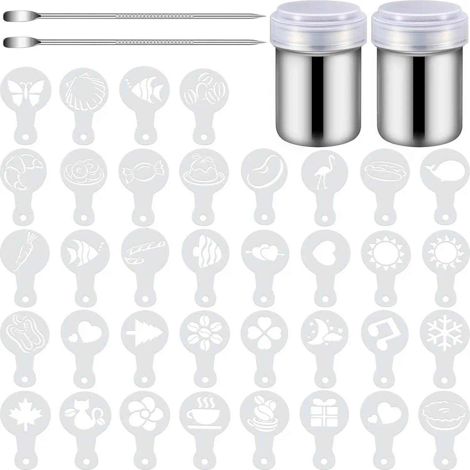 72-Piece Steel Coffee Decoration Stencils Set for Home Cafe - Latte Art Template, Mold Tool, 2 Latte Art Pens, 2 Dusting Jars & Mesh Powder Shaker for Cake, Cappuccino Decorating