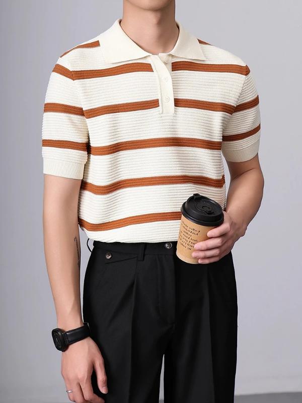 Kyn Apparel 2026 Summer Daily Casual Mens Slim Polo Shirt Knitted Striped Crochet Polo Shirts Men Vintage Buttoned Polo Neck Knitting Polos