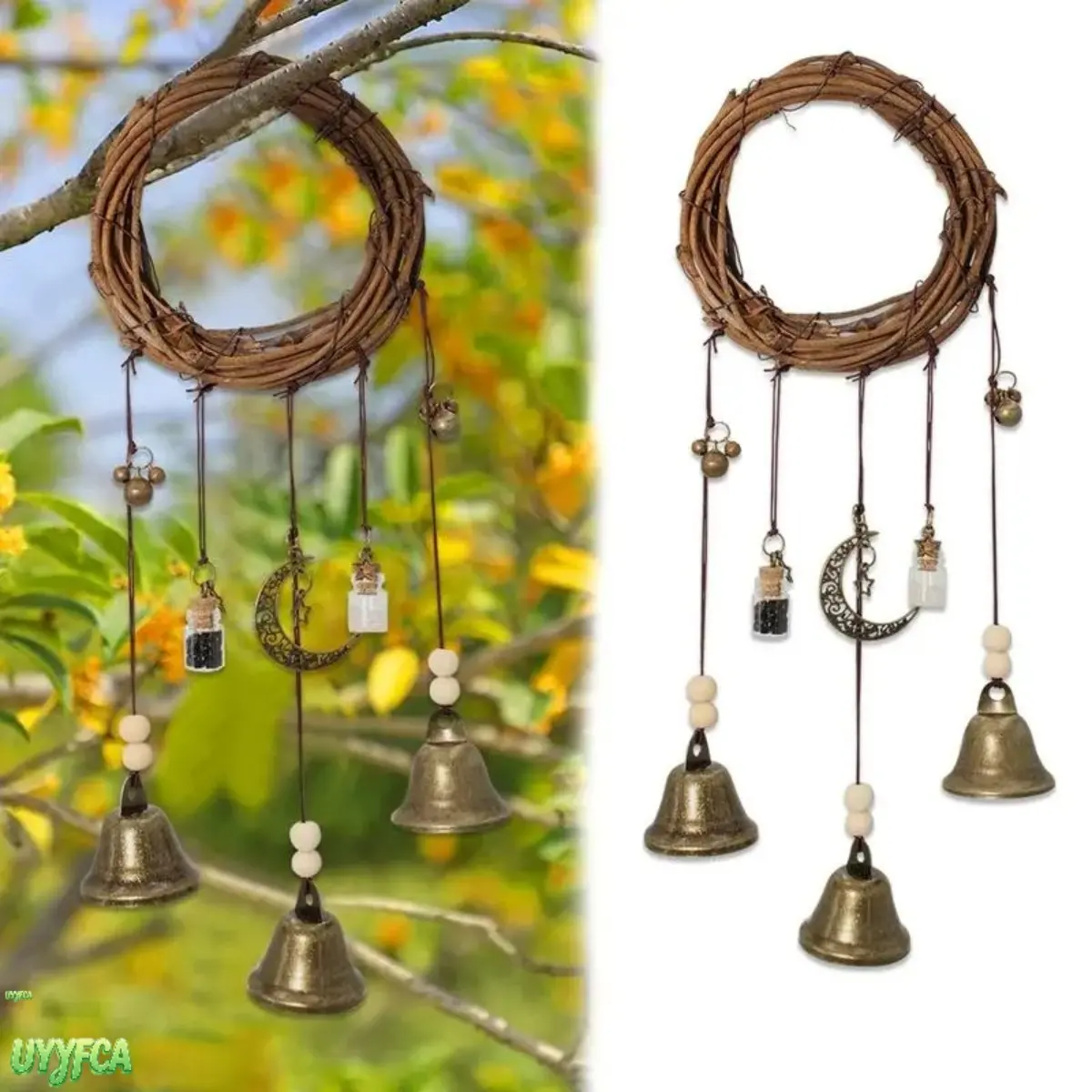 Rustic Wicker Wreath Witch Protection Bell Hanging Ornament, Moon Star Metal Charm With Wooden Bead & Mini Glass Bottle, Vintage Bronze Wind Chime Decor For Wiccan Blessing Front Door Wall Home Hanging