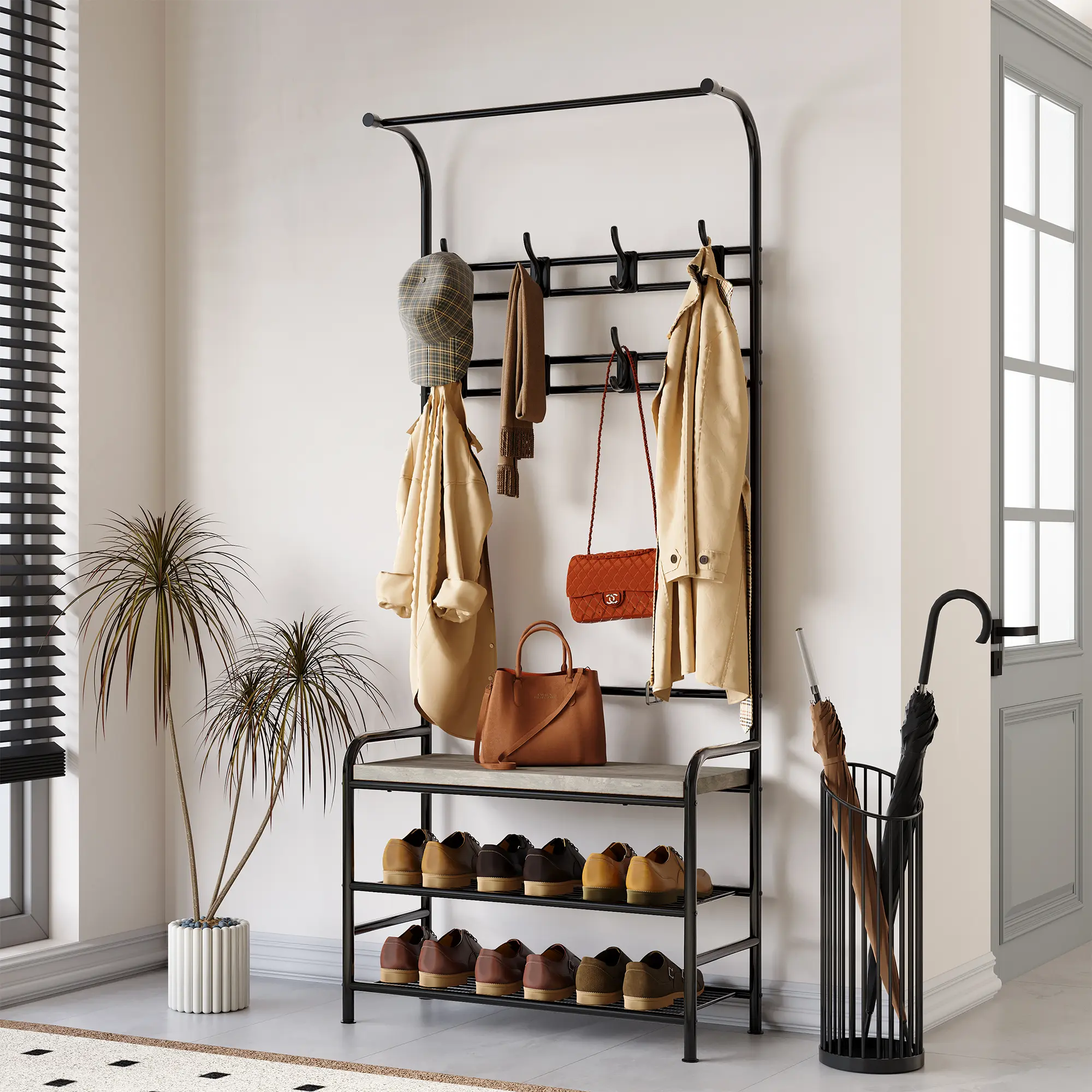 🏡 4-in-1 Narrow Hall Tree with Shoe Bench & 8 Hooks – Entryway Coat Rack with Hanging Bar & Storage Shelves, Space-Saving Gray Organizer for Hallway & Mudroom! ✨