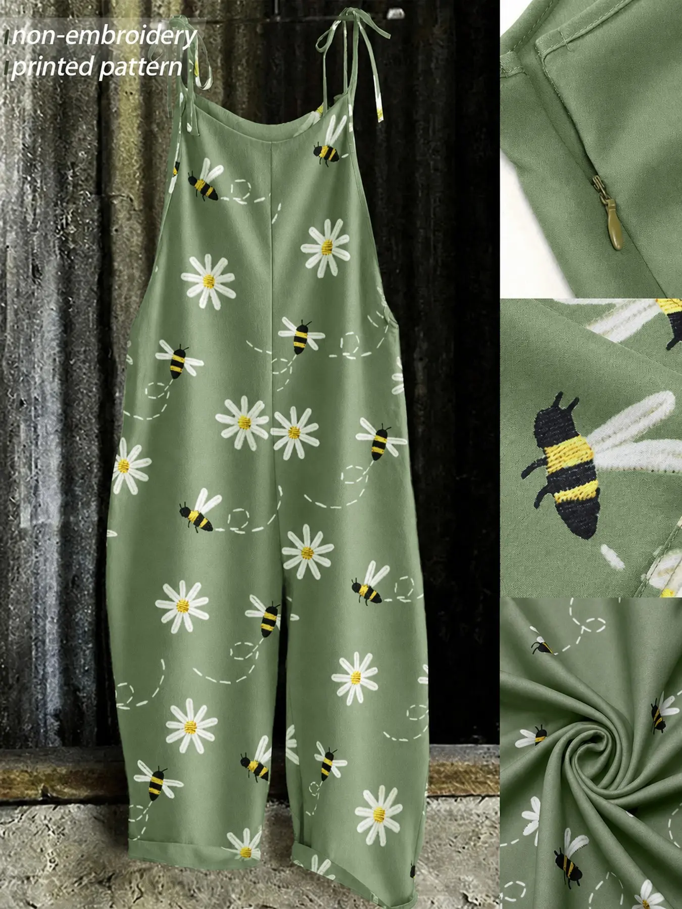 Plus Size Fashion Bee & Daisy Embroidered Jumpsuit, Casual Sleeveless Wide-Leg Jumpsuit, Y2K Stylish Clothes, Casual Summer Wear for Parties and Vacations, Trendy Bohemian Comfortable Relaxed-Fit Dungarees, Fashionable Jumpsuit