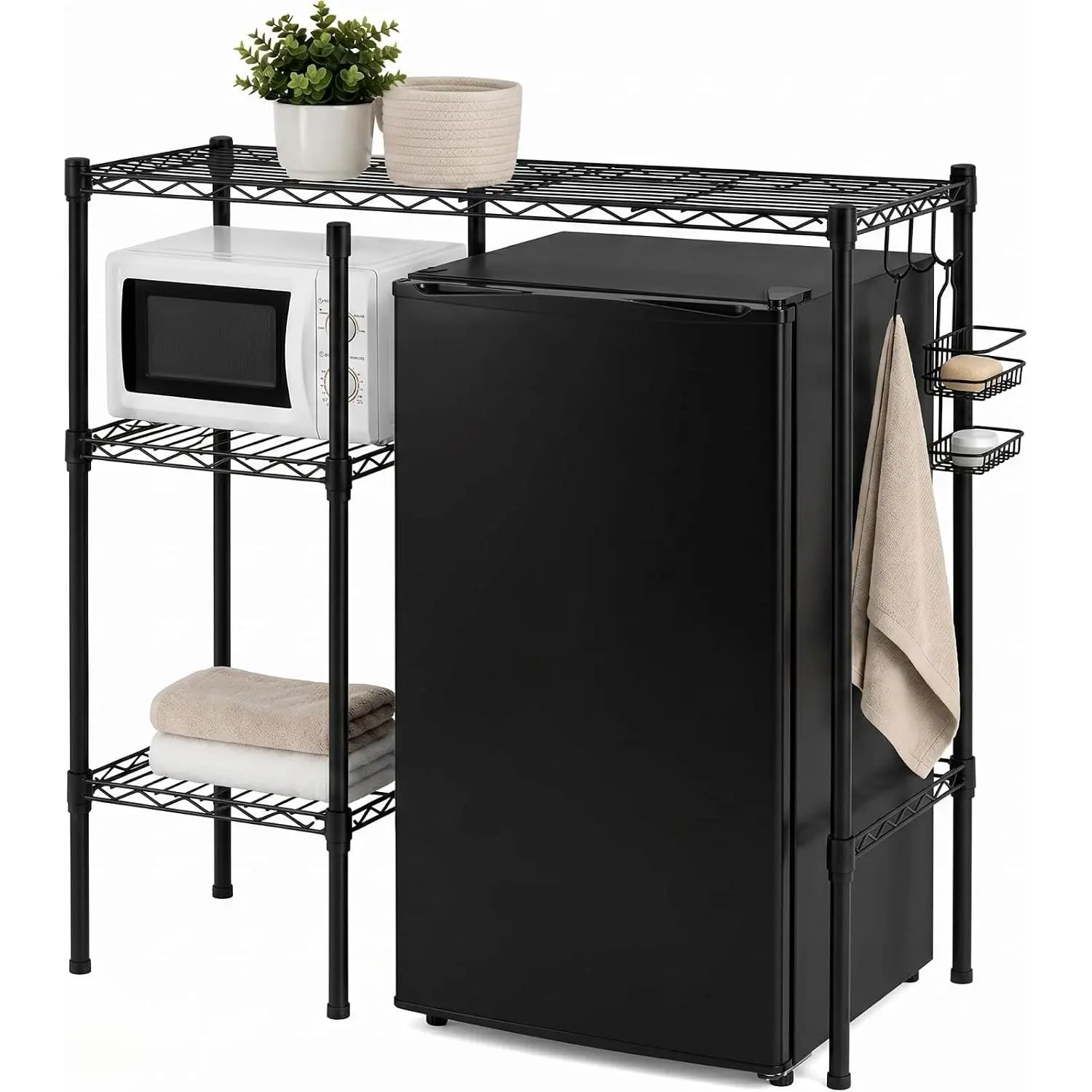 Mini Dorm Fridge Shelf Stand with Storage, Over Mini Fridge and Microwave Stand ,Carbon Steel Adjustable Refrigerator Storage Organizer for Dorm Room Apartment Kitchen(Black,3 Compartments)