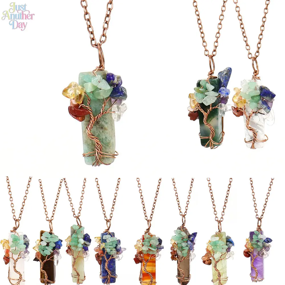 Natural Irregular Crystal Bar Tree of Life Pendant Necklace, Chakra Stone Chips Copper Wire Wrapped Necklace, Handmade Reiki Healing Jewelry for Women, Boho Style