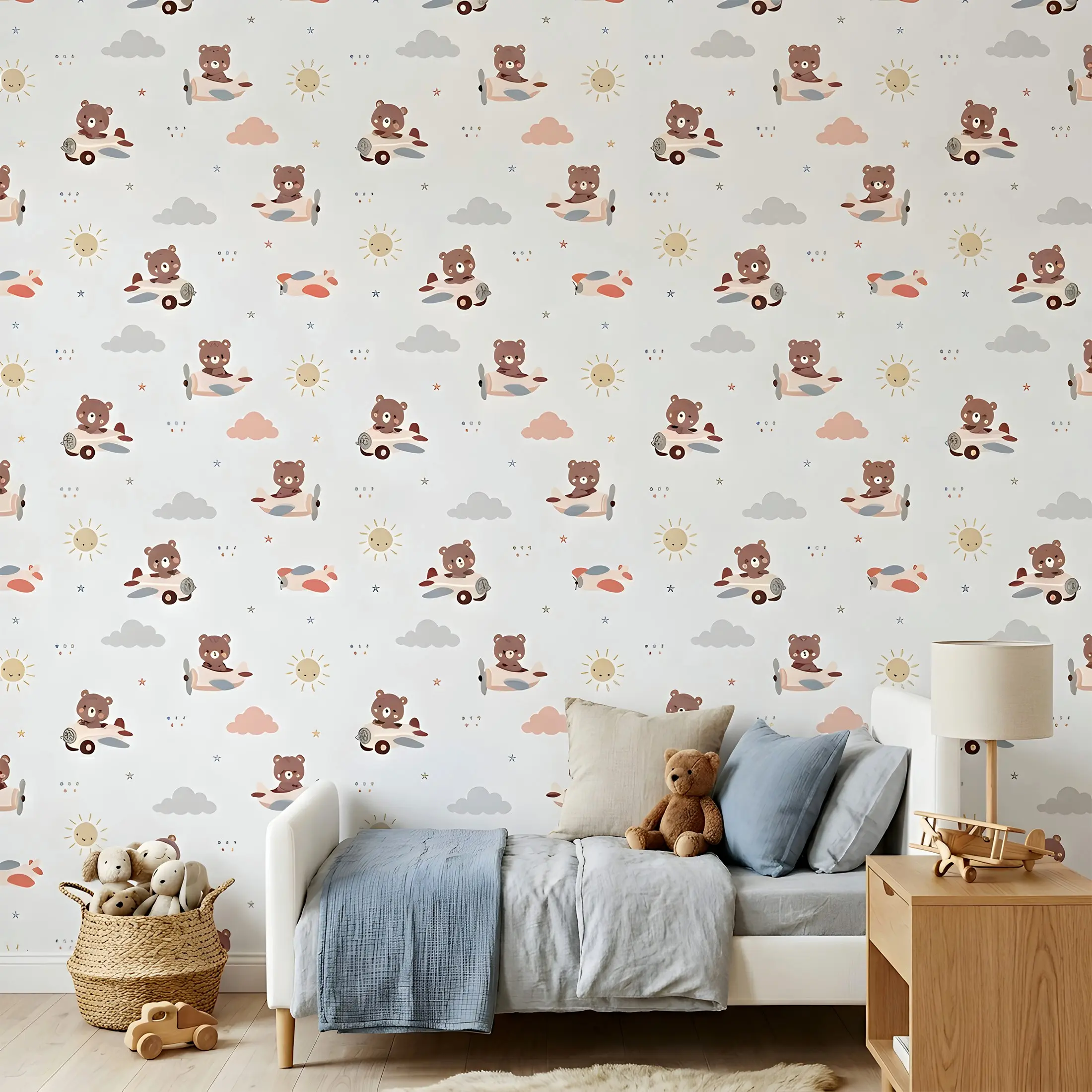 Bear Plane Self-Adhesive Wallpaper, Cute Cartoon Decorative Wall Paper, Soft Neutral Removable Contact Paper, Kids Bedroom Decor, Baby Room, Toddler Boy Room, Peel and Stick Wallpaper Designs