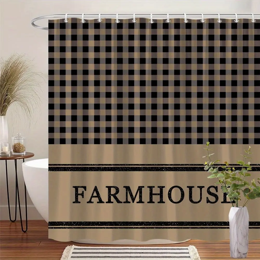 1pc Farmhouse Style Plaid Shower Curtain - Black & Tan Checkered Design with "FARMHOUSE" Text, Distressed Look, Includes 12 Hooks, Machine Washable Polyester, 70x70 Inches for Rustic Bathroom Decor, Western Shower Curtain, Durable Fabric