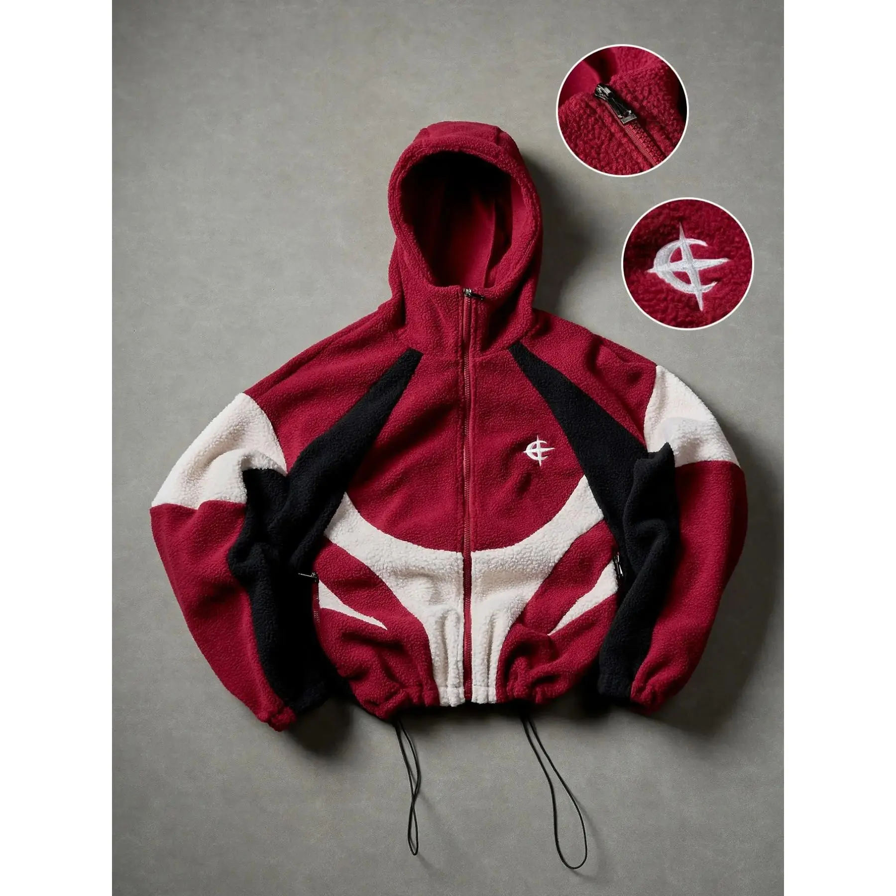 Vintage Y2K Sherpa Fleece Zip-Up Hooded Jacket, Color Block Embroidered Logo, Drawstring Hem, Streetwear Warm Coat,young,men,