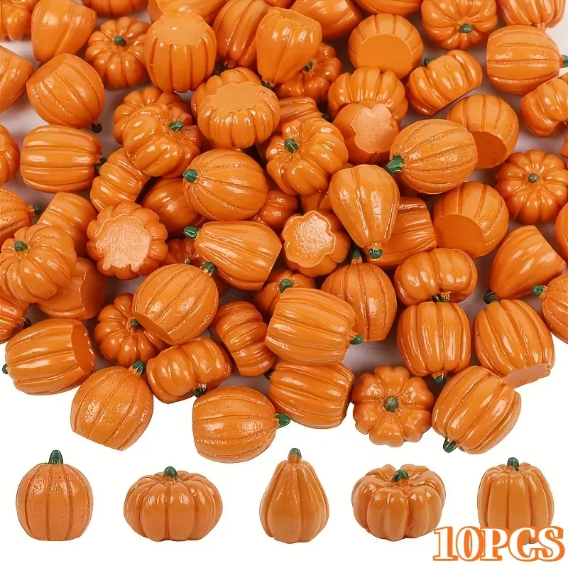 10pcs mini resin pumpkins, orange with natural vein texture. Perfect fall decor for vases, centerpieces, shelves, mantels. Great for Halloween, Thanksgiving, autumn weddings. Ideal for DIY moms, teachers, kids crafts. Sturdy, lightweight, reusable.