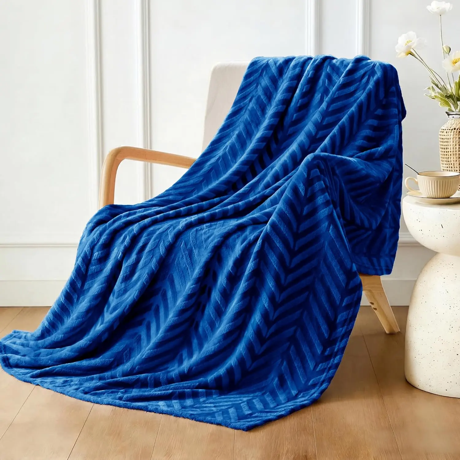 Flannel Fleece Throw Blanket for Couch Sofa Bed, Soft Velvet Lightweight Throws Plush Fluffy Chevron Design Decorative Blankets for All Season, 50x60 Inch, Royal Blue