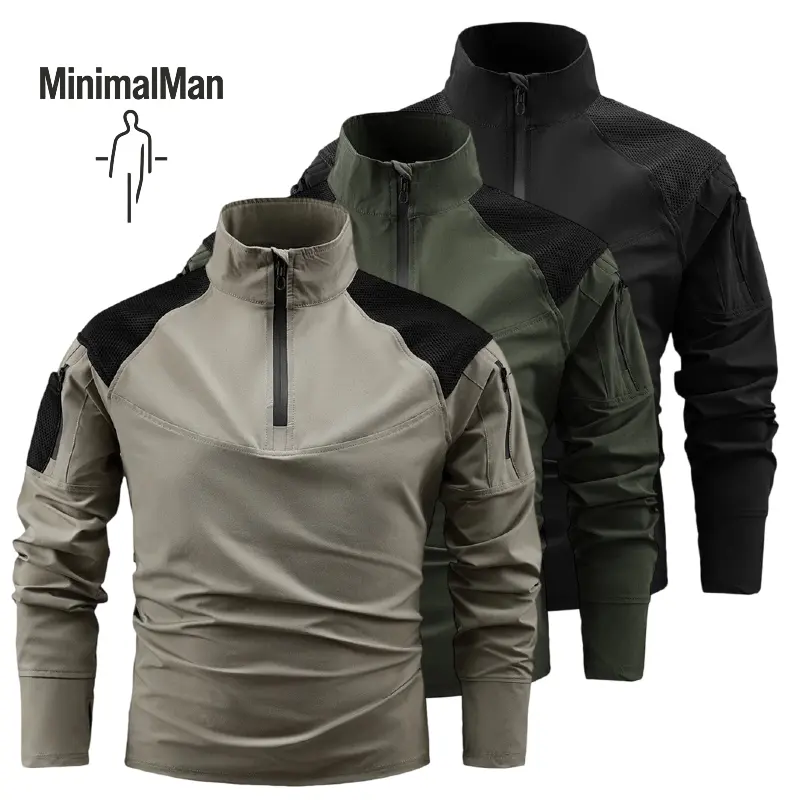 Men's 1/4 Zip Tactical Long Sleeve Shirt, Mesh Panel Breathable Combat Frog Suit Top with Arm Zipper Pockets for Outdoor Hunting Hiking