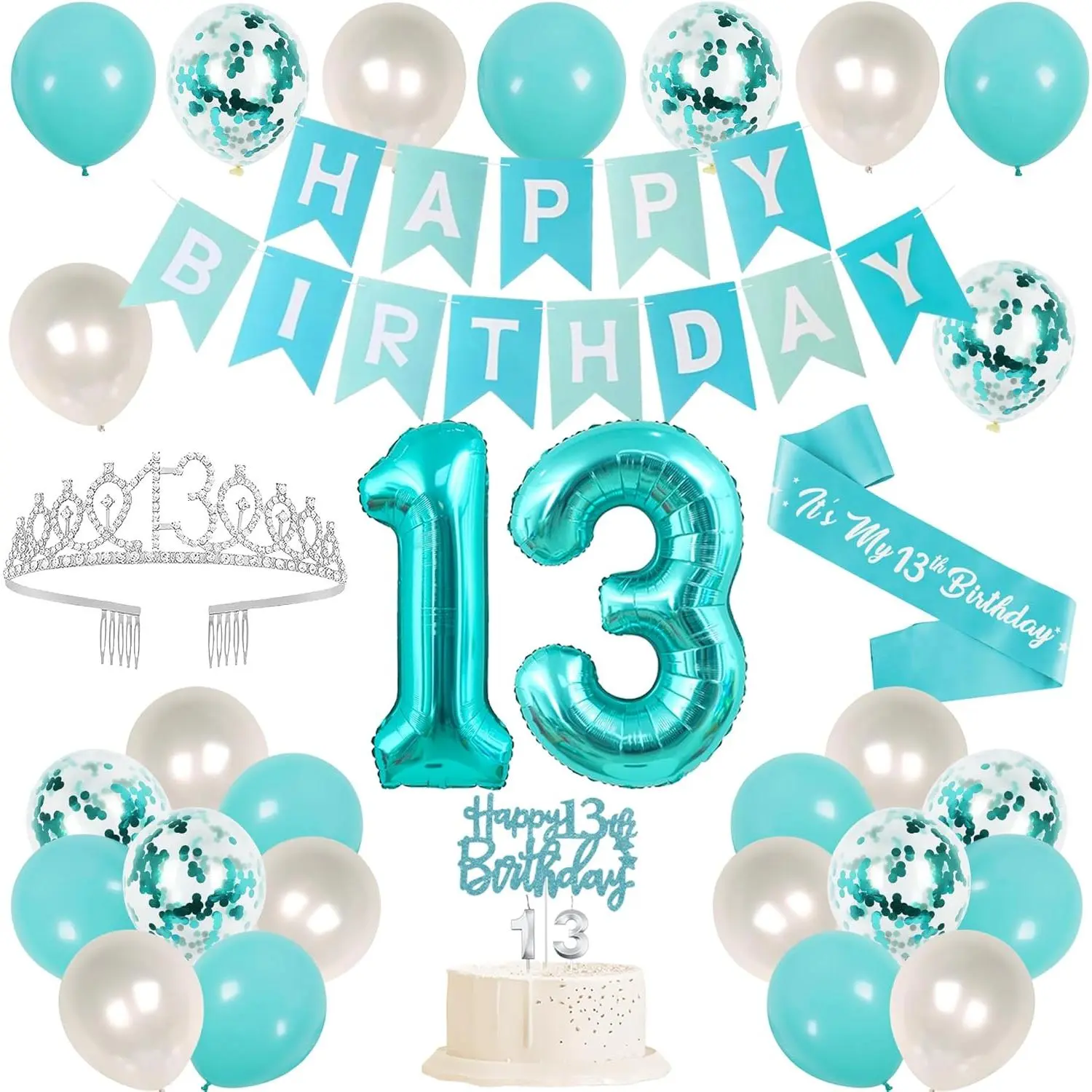 Teal Blue 13th Birthday Decorations Kit for Girls - Happy Birthday Balloon Set with Banner, Thirteenth Year Sash, Crown, Cake Topping (Toys & Hobbies DIY Supplies), Multiple Items