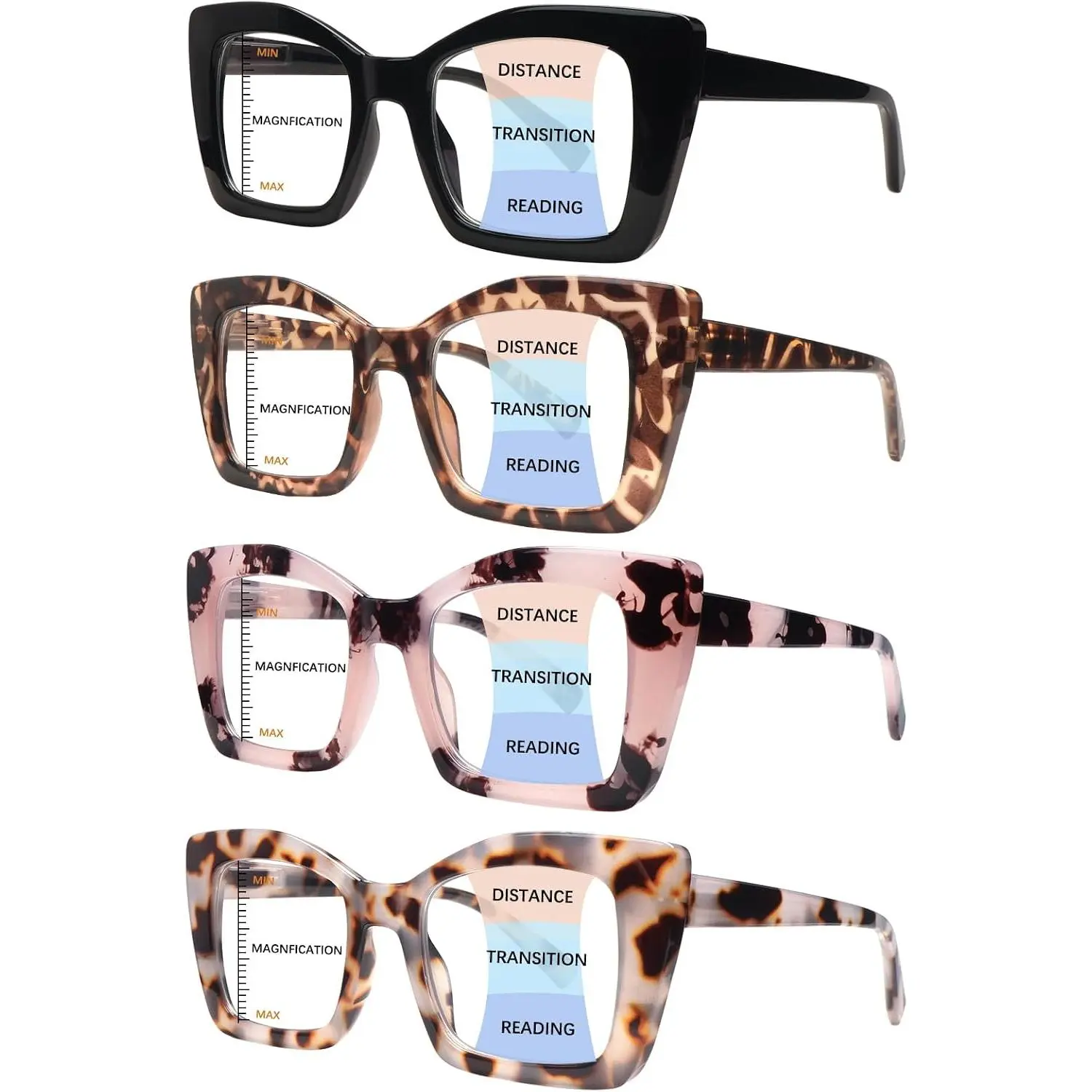 Progressive Reading Glasses for Women, 4 Pack, Blue Light Readers | 3-Zone Multifocal Lenses, Blue Light Blocking, Color Variety, Spring Hinges, Reading &  Use