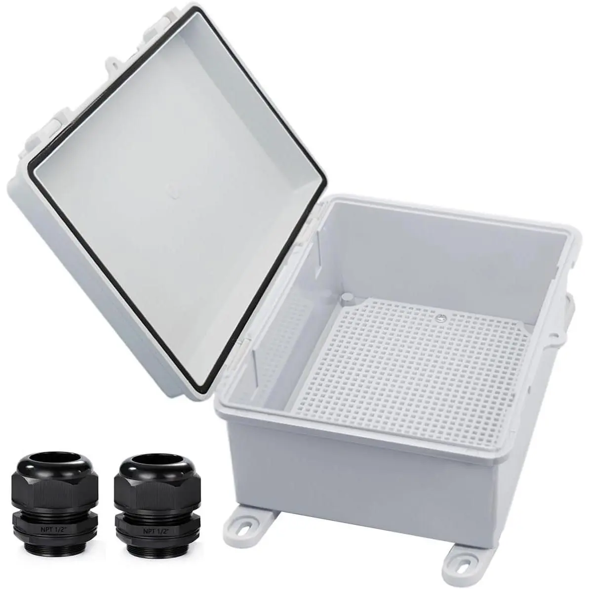 Outdoor Waterproof Electrical Box IP67 ABS Plastic Enclosure with Mounting Plate and Wall Bracket, 2 Cable Gland, Grey 8.7"x6.7"x4.3"