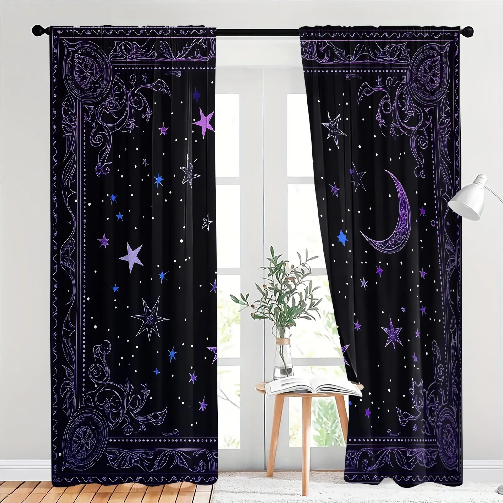 Vintage Purple Moon Star Celestial Semi-Sheer Curtains, Privacy Preserving Drapes Create Soft Diffused Indoor Light, Skin-Friendly Brushed Flannel Rod Pocket Treatments, Decor Light Filtering Curtains for Living Room, Apartment, Home Decoration Curtain