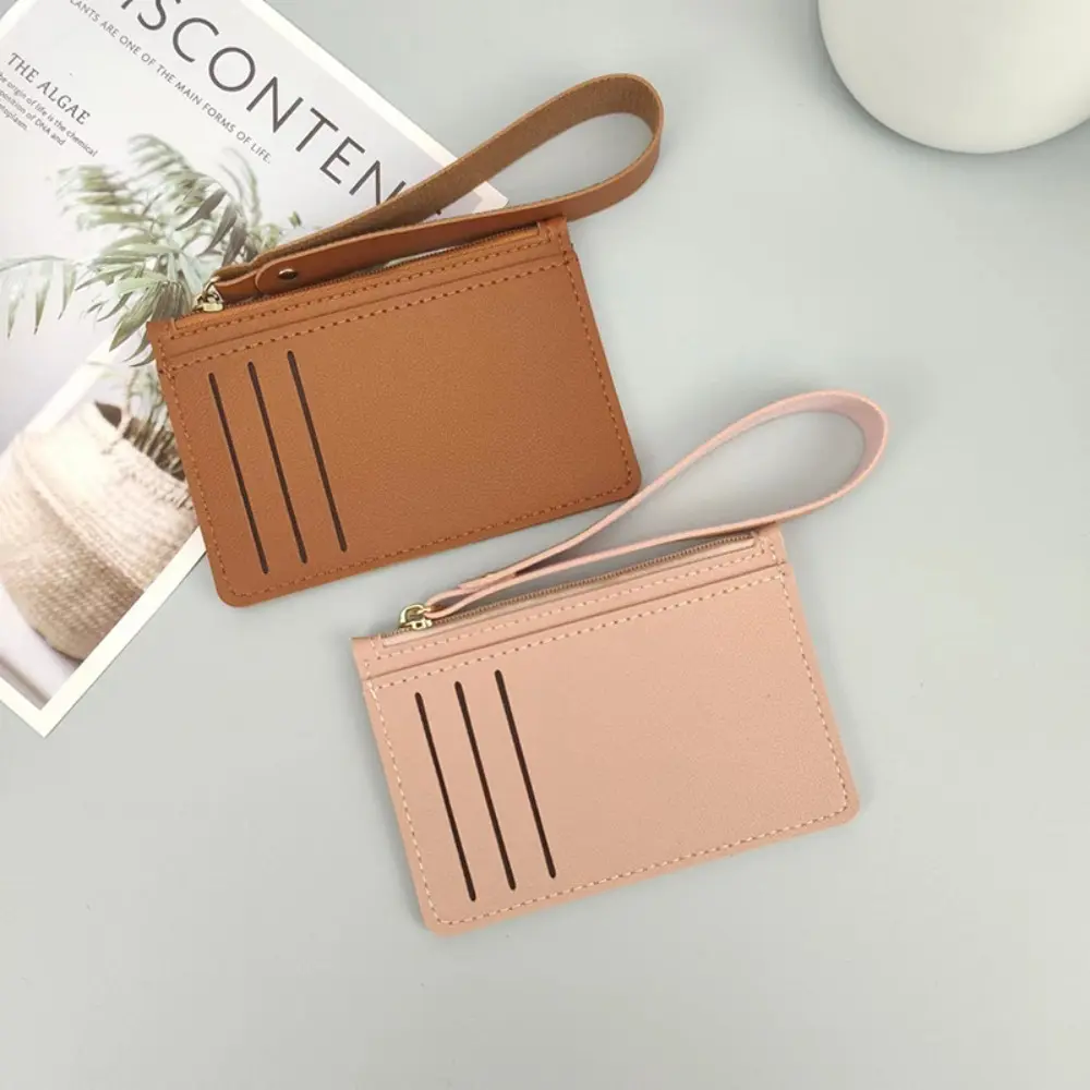 Women's Plain Leather Compact Card Wallet Pouch - Ultra-Thin Zipper Organizer, Wrist Strap, ID Window, for Travel & Commute (Women's Clutches & Wristlets), Wallet Pouch Women's Clutches & Wristlets