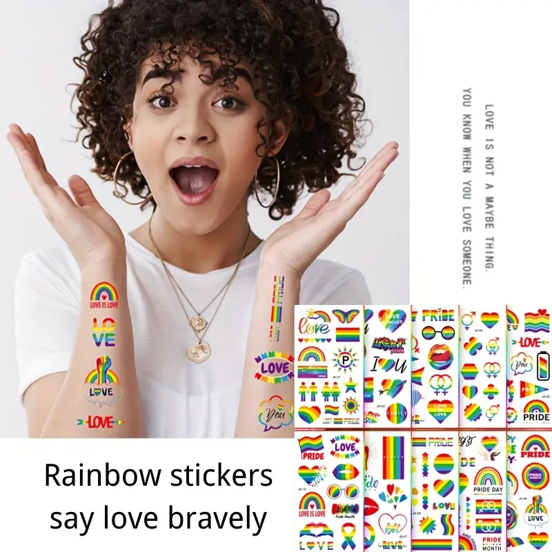 10pcs About 100 Patterns Rainbow Festival Tattoo Stickers Pride Festival Tattoo Stickers Love Love Rainbow Pride Free Party Bar Gathering Temporary Stickers Rainbow Festival Stickers