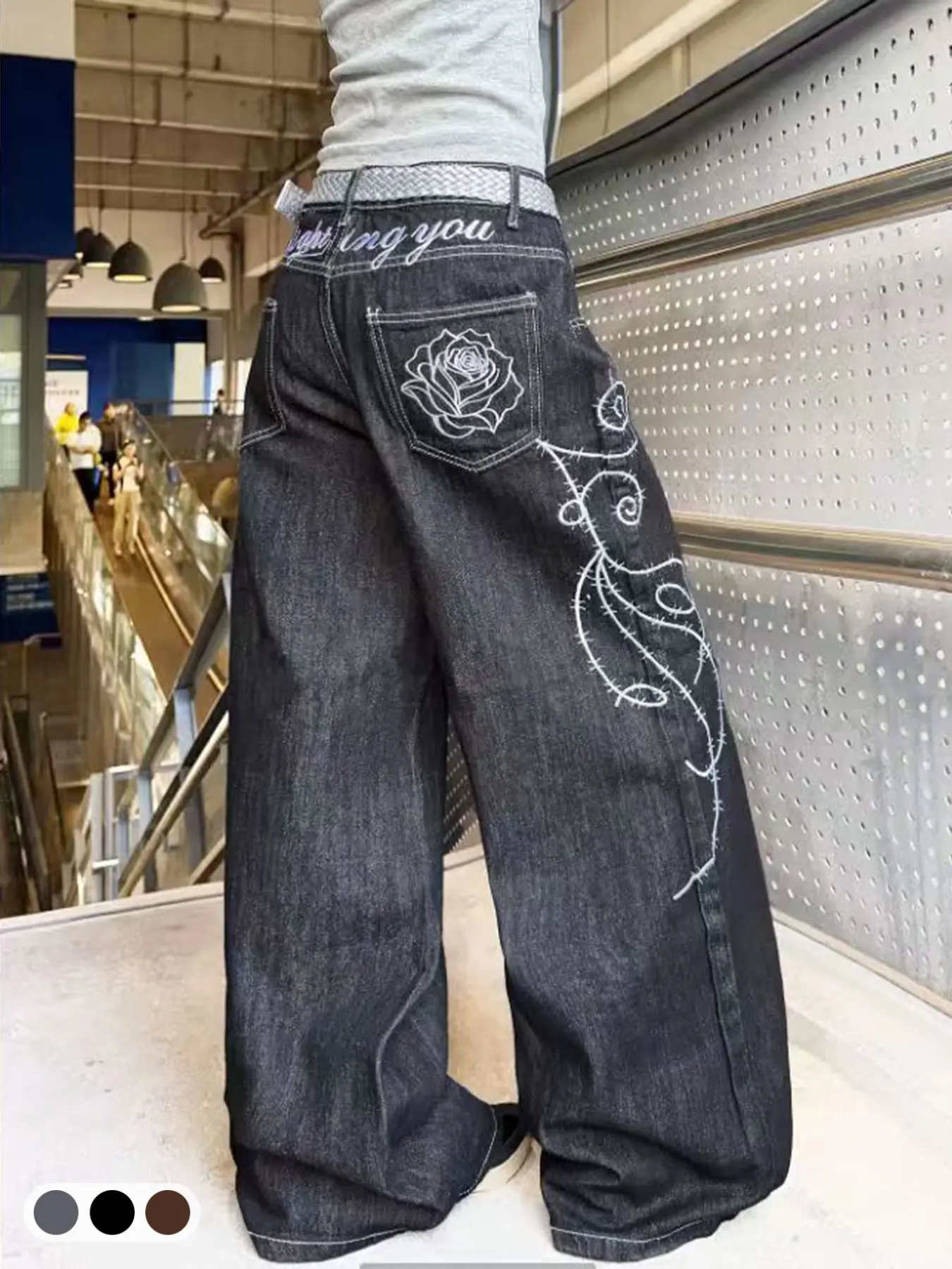 Women's High-Waisted Wide-Leg Baggy Jeans, Thorn Embroidery, Y2K Street Style, Loose Fit, All Seasons, Multicolor, Casual Long Pants, Streetwear, Fashion, Casual Denim Pants