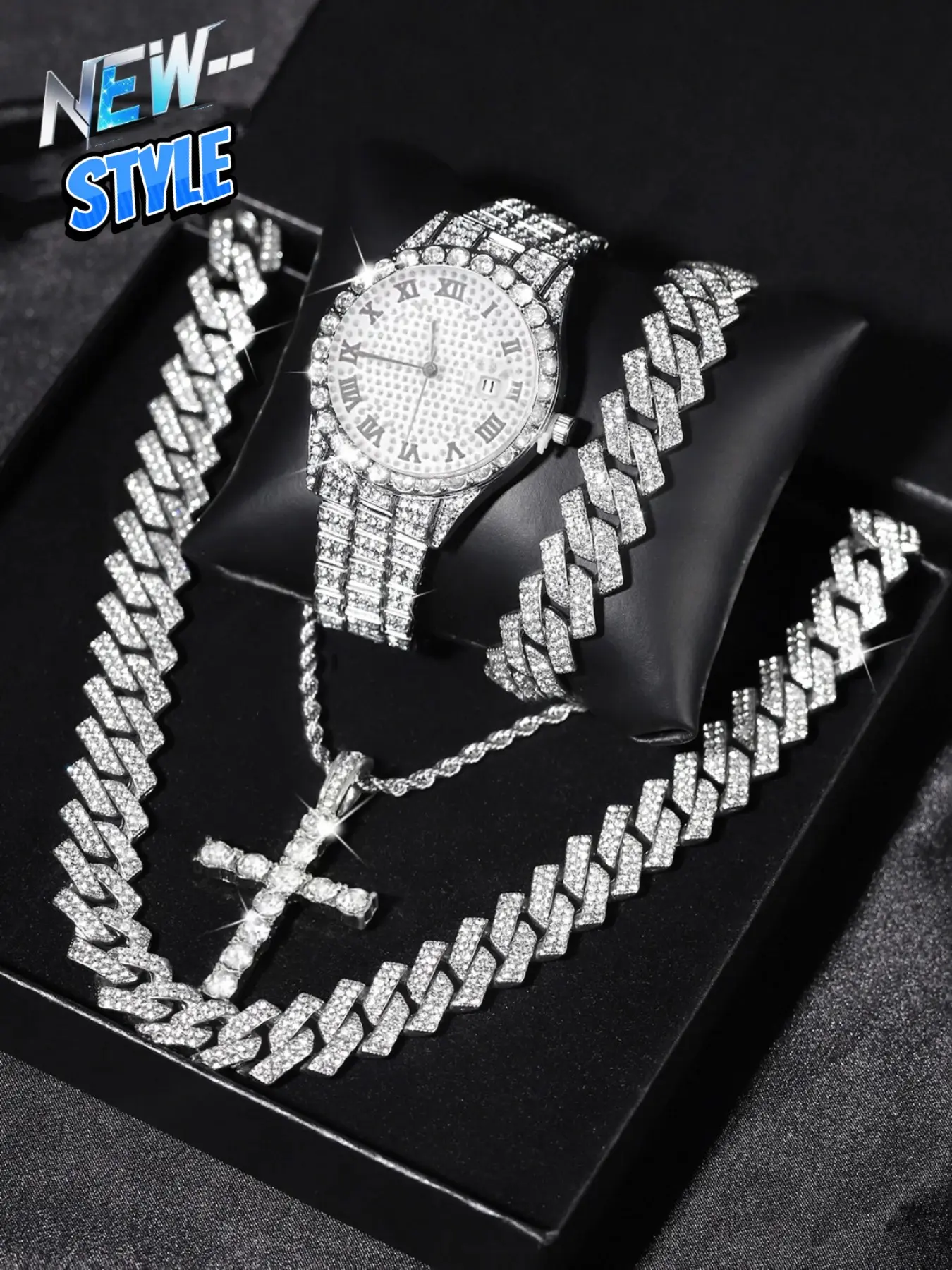 4-Piece Gift Set Watch Necklace Bracelet Box, Cross Punk Style, Analog Round Face, Adjustable Strap, Jewelry Set, Jewellery Gift Set, Silver Iced Out Diamond Watch & Iced Cuban Cross Pendant Necklace Set Hip Hop Mens