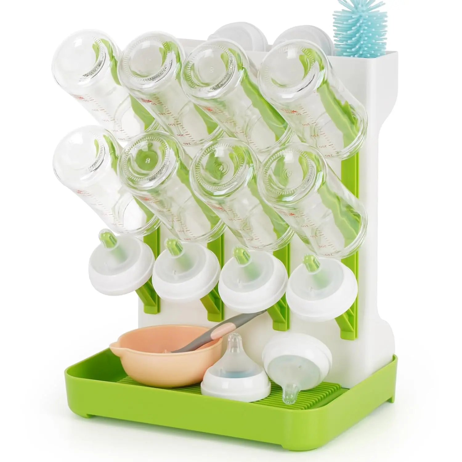Baby Bottle Drying Rack, Space Saving Baby Bottle Organizer for Countertop, Vertical Bottle Dryer Holder with Brhes Holder, Large Bottle Storage Holder 12 Bottles & Baby Accessories Green
