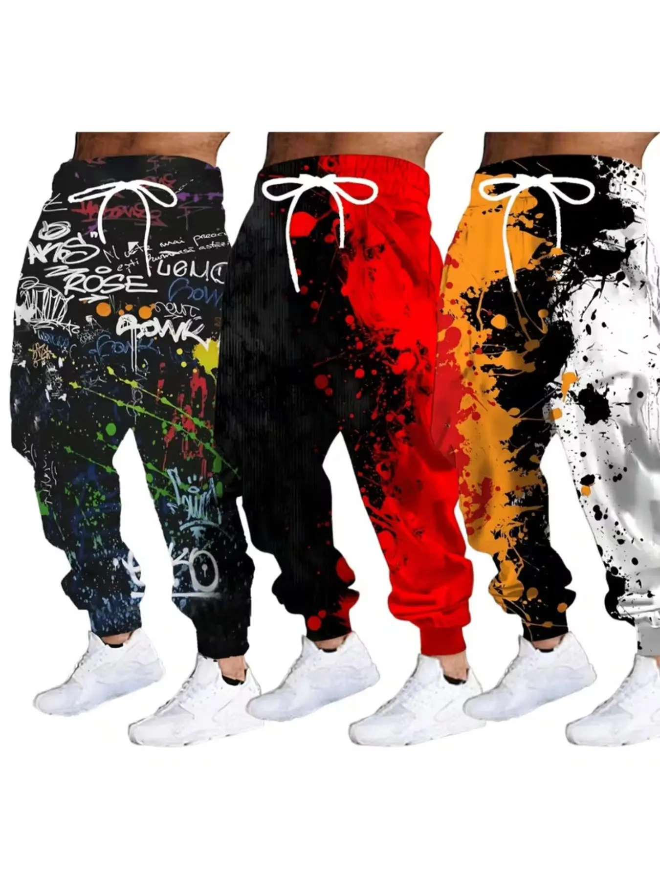 Three-Pack Street Graffiti 3D Digital Print Drawstring Ankle Pants, Multicolor English Graffiti, Colorblock, Unisex Casual Street Comfy Sweatpants