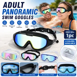 Adult Large Frame Swim Goggles Matched Ear Plugs Included, Mirrored Wide View Anti-Fog UV Protection Waterproof Silicone Swim Glasses, Professional Comfortable Adjustable Goggles for Men Women Pool Training Lap Swimming Snorkeling Diving Beach Travel