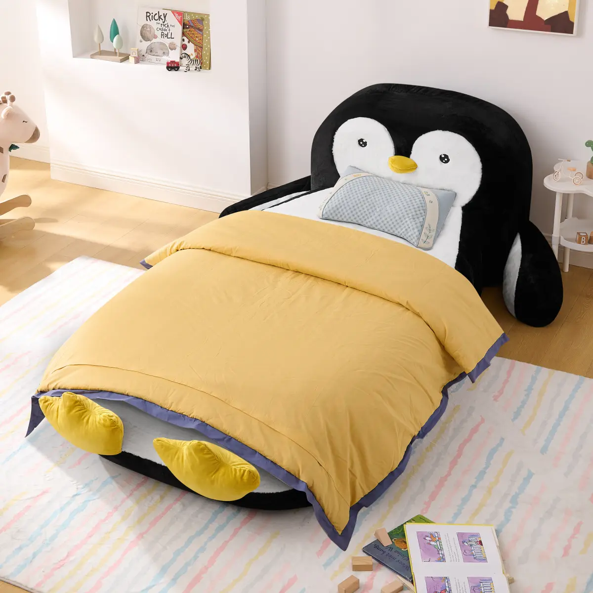 Aobtkel Twin Size Cute Penguin-Shaped Faux Fur Kids Bed Lounger Chair - 100% Sponge Filling, 300 lbs Capacity, Fun Children's Furniture for Nursery (88"x45"x29.5"), Fun Furniture