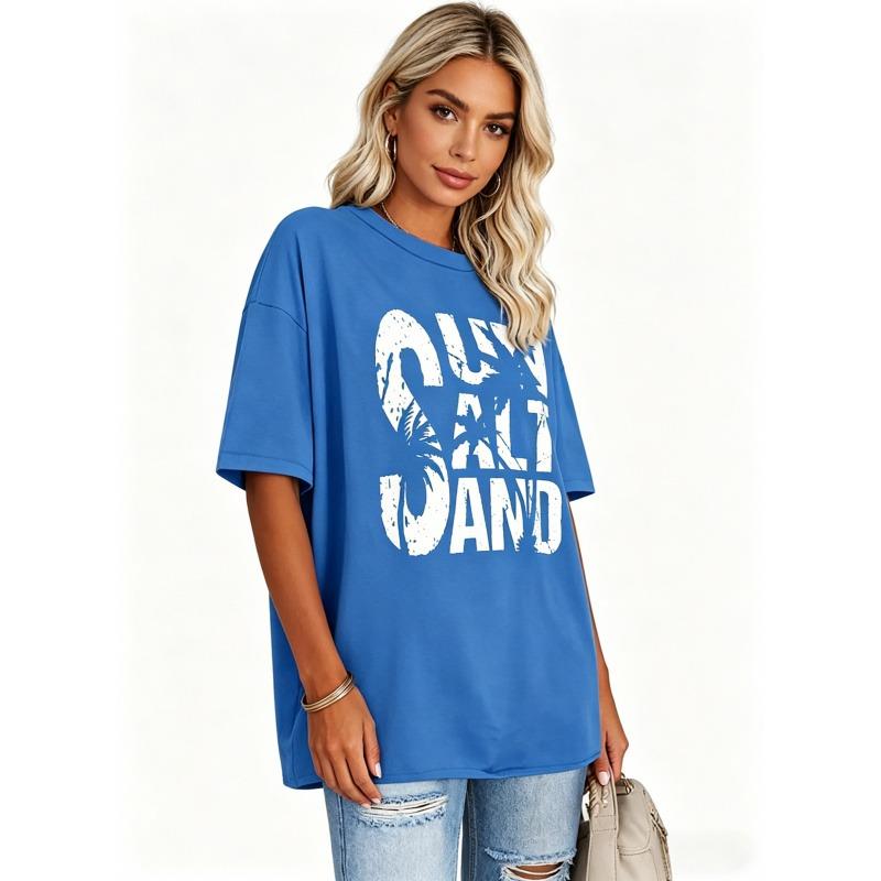 Women Short Sleeve T-Shirts,Crew Neck Drop Shoulder Baggy Sleeves Tees,Loose Printed T-shirt Casual Basic Tops,Oversized Tshirt Women