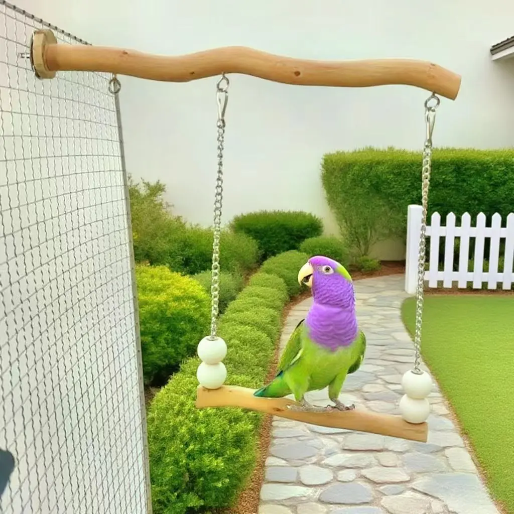 Natural Wood Parrot Suspension Bridge Swing Perch, Bird Foot Grinding Standing Stick Hanging Play Stand, Cage Accessory for Budgie, Lovebird & Cockatiel