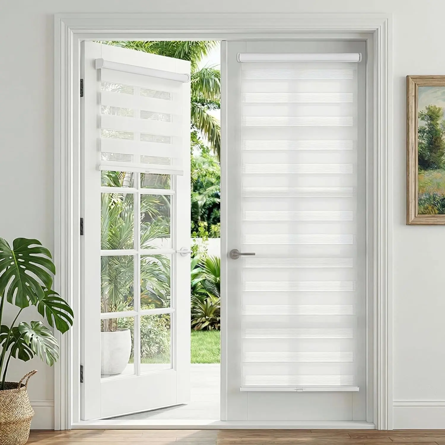No Drill Cordless Zebra Blinds for French Door, 28 5/8" W x 72" L White, 1 Panel Light Filtering Sheer Shades for Indoor Windows with Small Gap Design