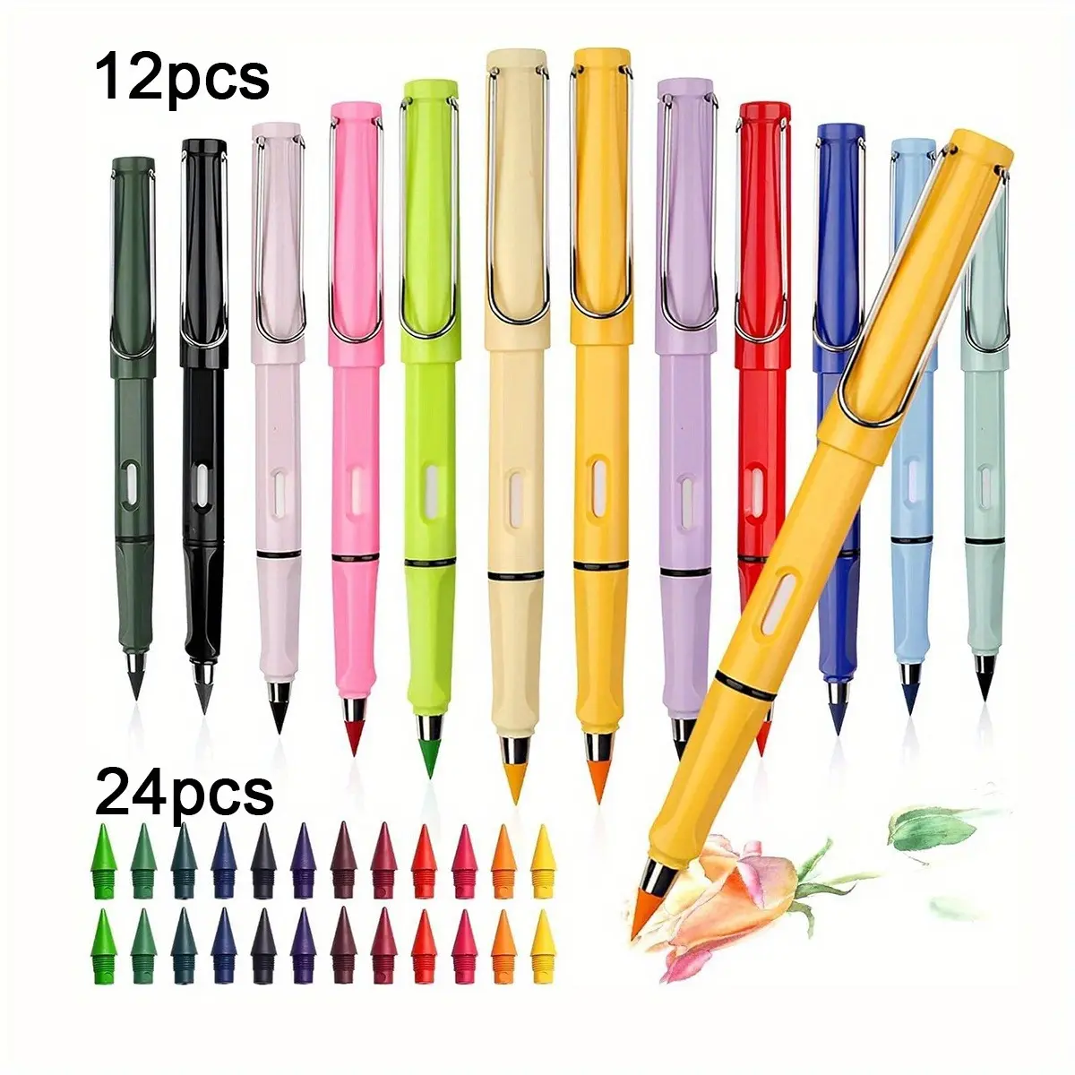 12 Color Pencils That Do Not Require Sharpening, Featuring 24 Additional Replaceable Tips, Designed for Students And Home Office Use, Perfect for Writing And Drawing (Multi-Colored Pencils).