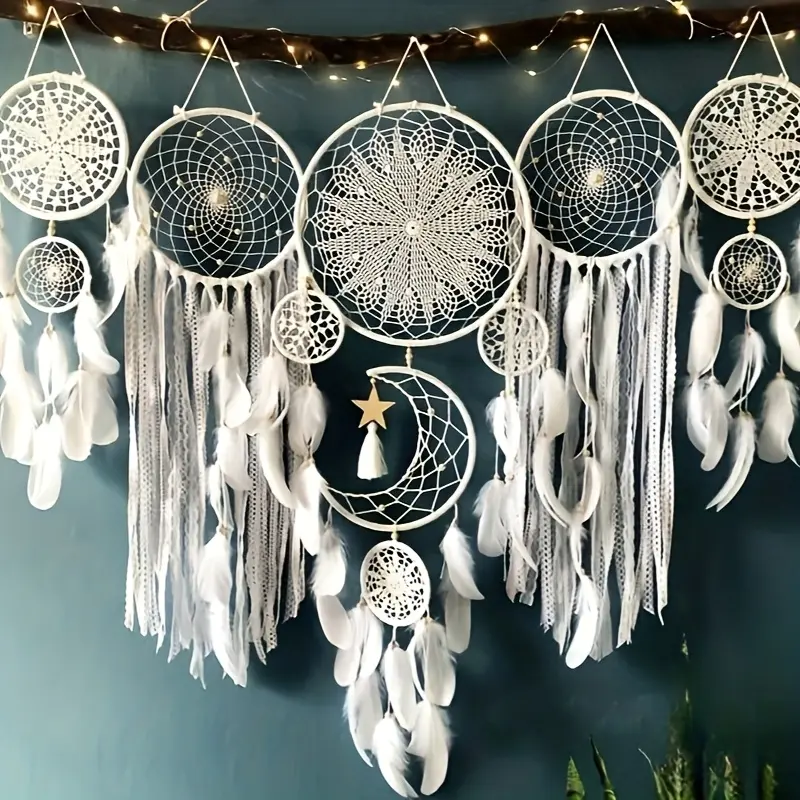 5 Pcs Boho Dream Catcher Wall Hanging Set, Handmade Woven Feather Tassel Dream Catchers, Large Macrame Wall Decor Handmade Ornament for Bedroom Dorm Home (Wood Branch & String Light Not Included)