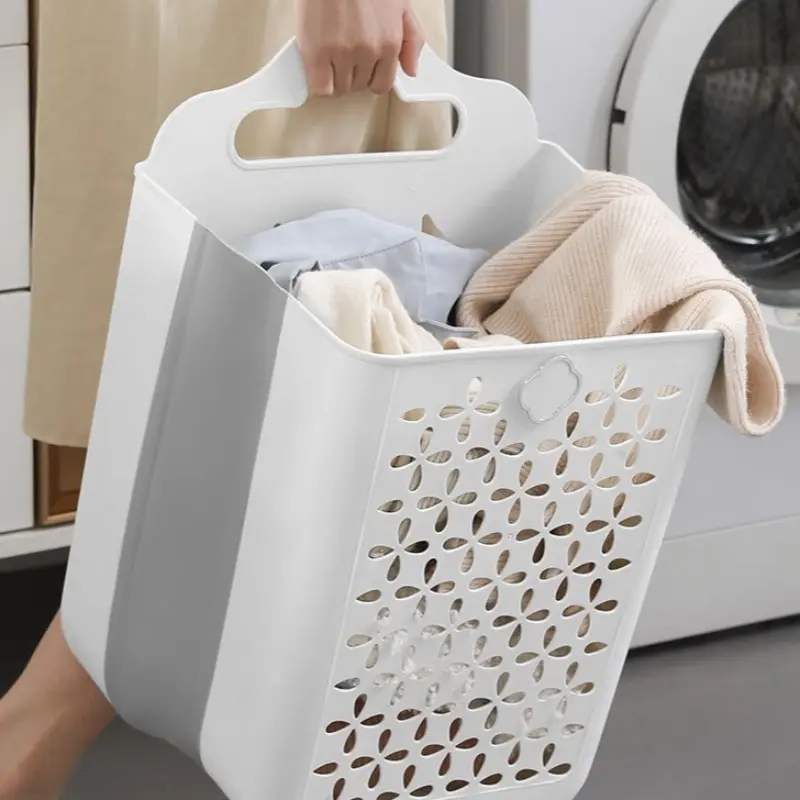 Space-Saving Foldable Laundry Basket, Wall Mounted No Drill, Modern White & Gray, Durable Plastic, Ideal for Clothes, Toys, Snacks Storage in Balcony or Laundry Room