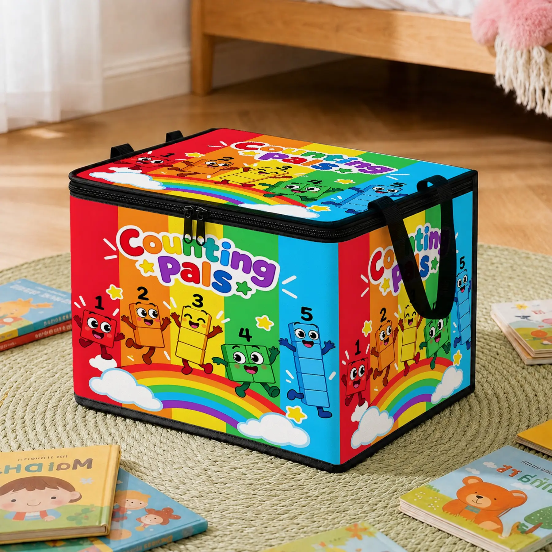 Counting Pals Rainbow Storage Box, Soft Fabric Collapsible Flip-Top Organizer, Large Capacity Zippered Bin for Kids, Christmas Gift, Folding Storage Bin