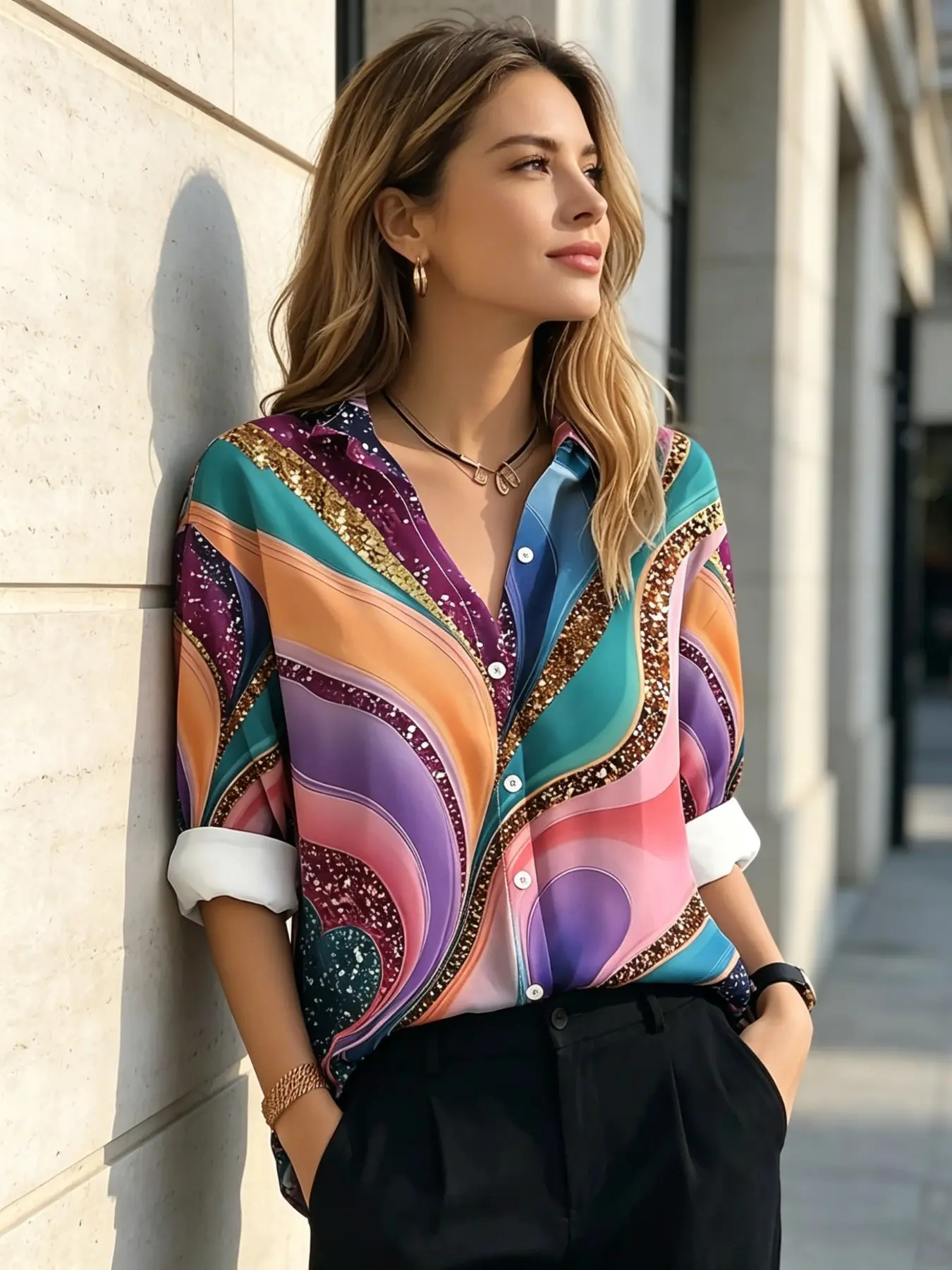 2026 New Women's High Saturation Rainbow Color Swirl Pattern Blouse, Luxurious Satin Style Rolled Sleeve Outerwear Long Sleeve Top