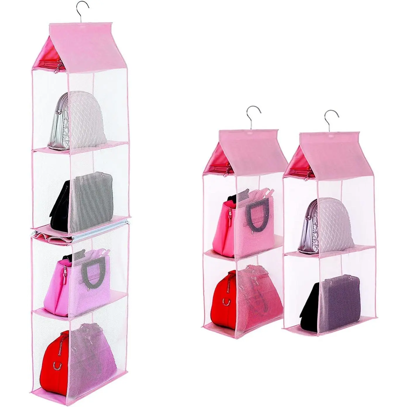 KEEPJOY Hanging Handbag Organizer for Closet, 4 Heavy-Duty Mesh Shelves Purse Storage Bag, Pink