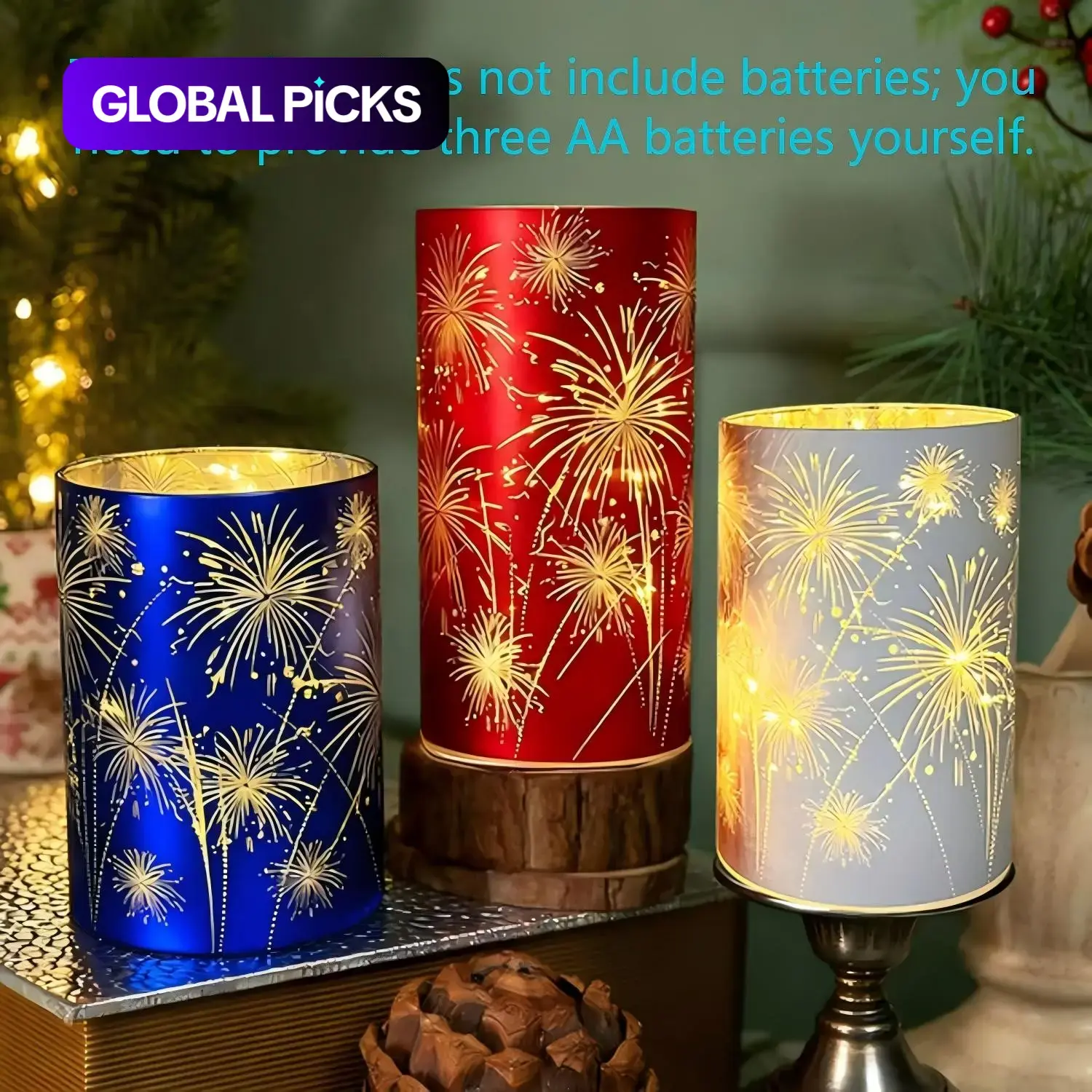 "Celebration" Series 3-Piece Glass Candle Holder Set – Christmas table décor featuring etched firework-starburst patterns and warm-white LED lights; these shimmering, pedestal-style glass candle holders are perfect for mantels, dining tables, and holiday