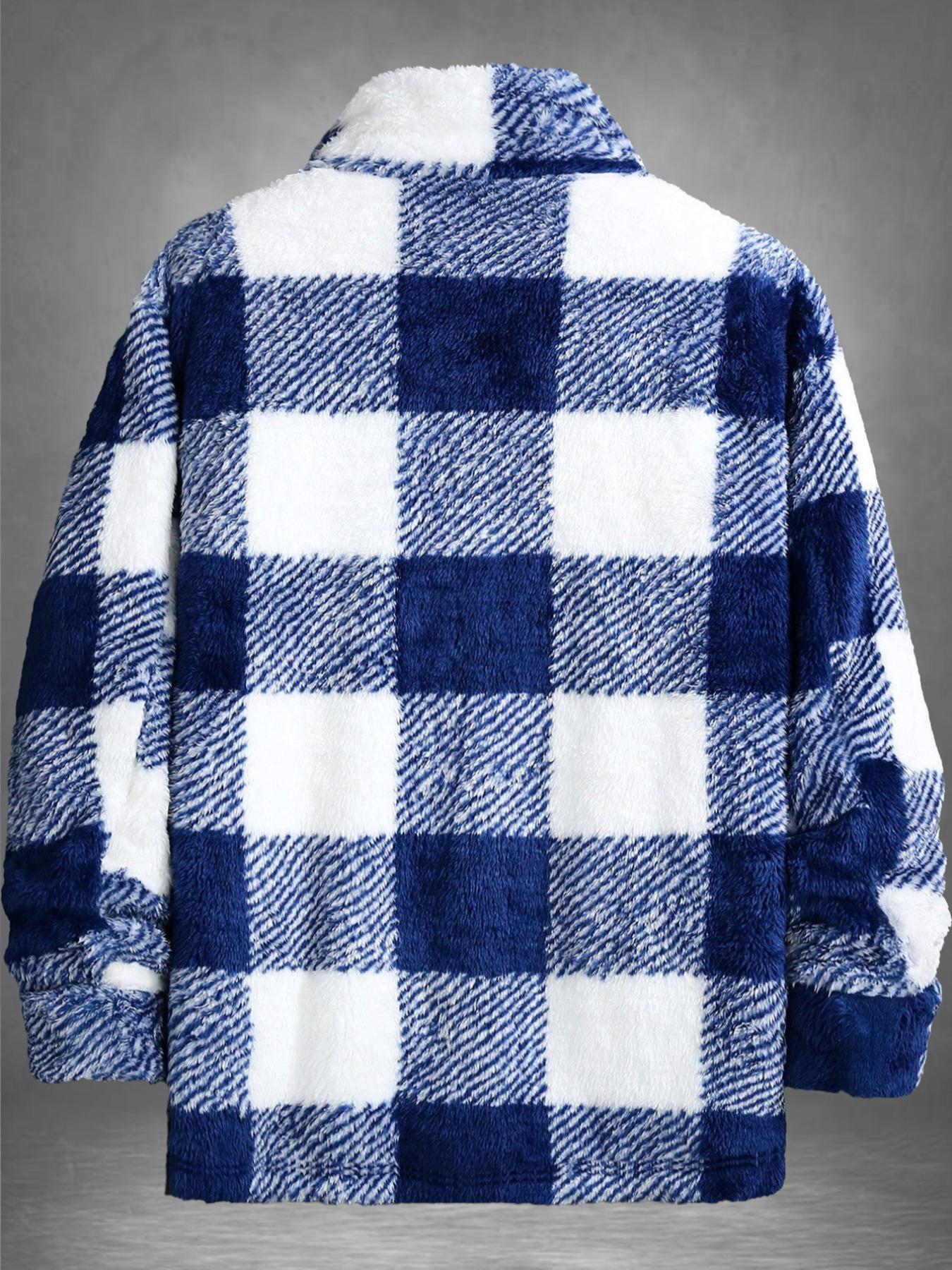 Men's Plaid Print Button Front Fuzzy Lounge Jacket, Casual Long Sleeve Collared Outerwear for Fall & Winter, Men's Sleepwear for Daily Wear, Casual Style Outerwear, Casual Fitted Jacket, Casual Jacket Coat, Casual Fashion Jacket