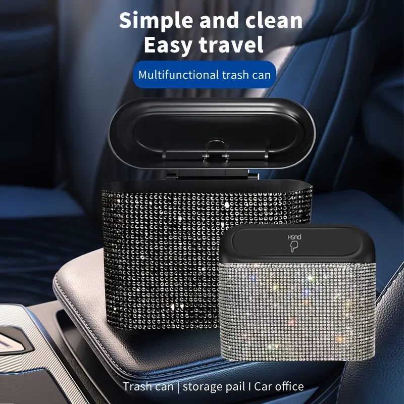 Shiny Car Trash Can with Lid, Automatic Dust Collection Waste Bin Organizer, Mini Crystal Trash Can Stand, Compact and Stylish Design, Car Trashcan