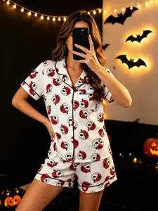 Halloween Jack Skull Print Pajama Set, Women's Comfortable Sleepwear, Short Sleeve Button-Up Top and Elastic Shorts, Casual Home Wear