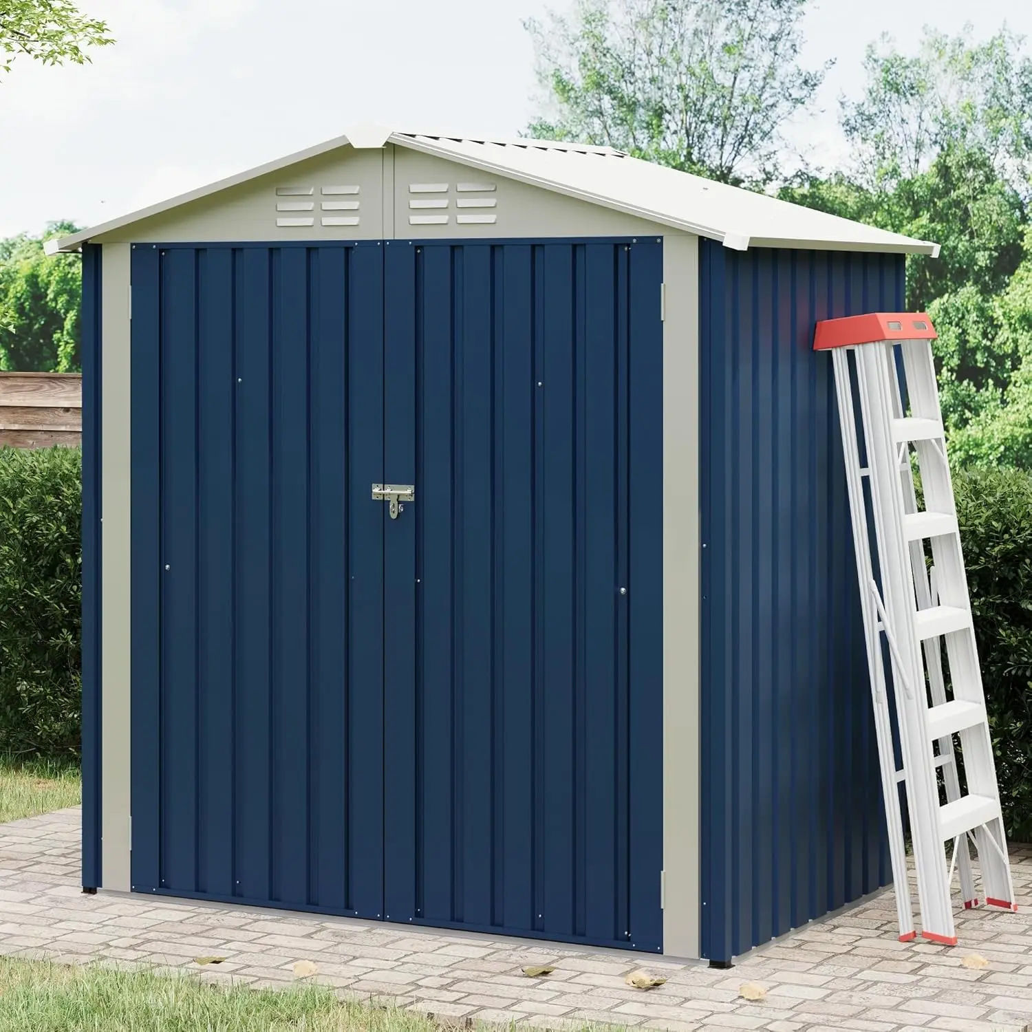 Heavy-Duty Metal Outdoor Storage Outdoor Storage 6x4 ft Lockable Double Doors, Gable Roof, Waterproof & Rustproof Garden Storage for Tools, Bikes, Patio Equipment