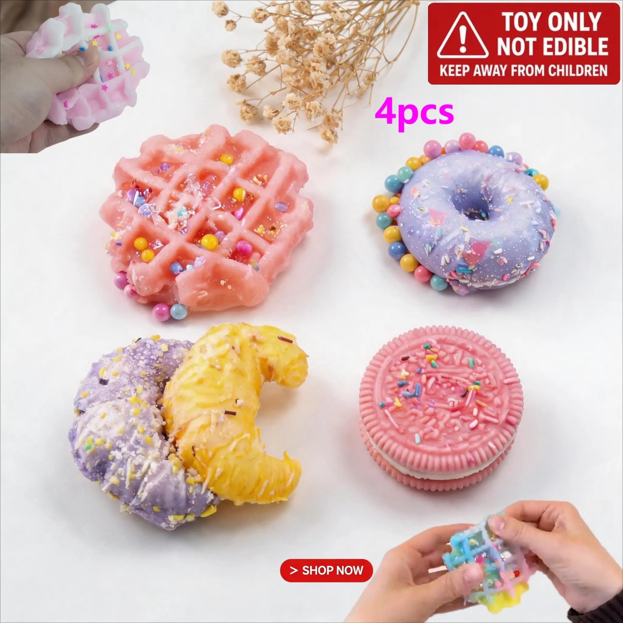 ✨🍩4Pcs Soft Fake Food Squishy Toy Set – Includes Croissant, Waffle, Cookie & Donut, Stress Relief Sensory Toy, Sensory Squishies, Ideal Gift for Ages 14+, Suitable for All Kinds of Parties, Birthdays & Holiday Gatherings